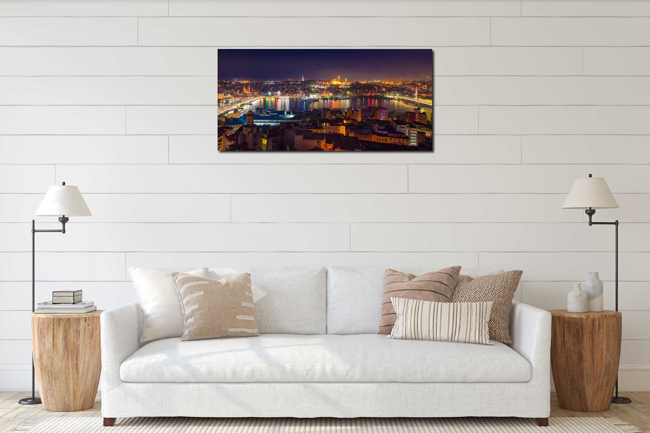 Aerial panoramic night view of Golden Horn inlet and illuminated streets of Istanbul, Turkey interior mockup