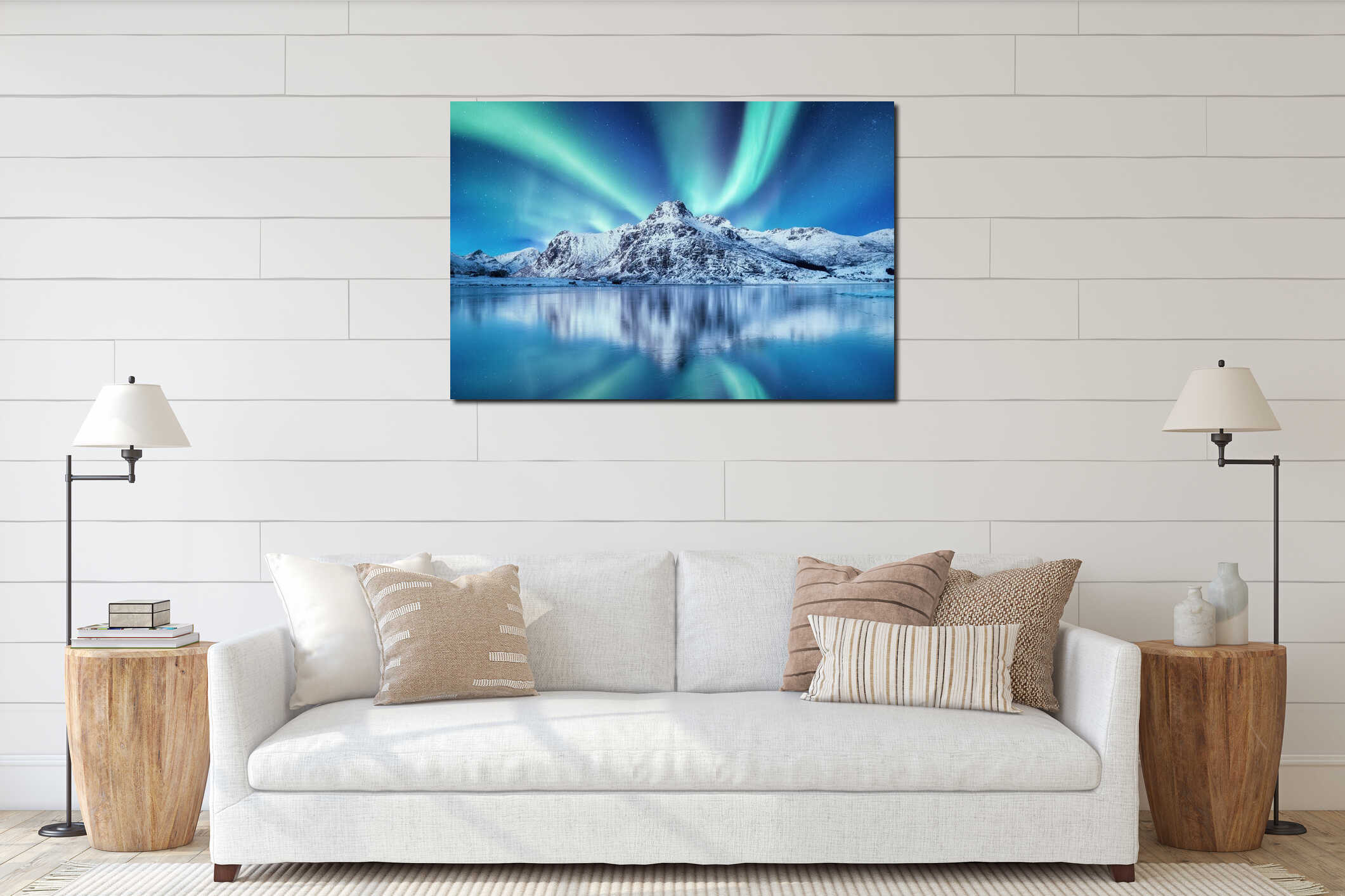 Aurora Borealis, Lofoten islands, Norway. Nothen light and reflection on the lake surface. Winter landscape at the night time. interior mockup