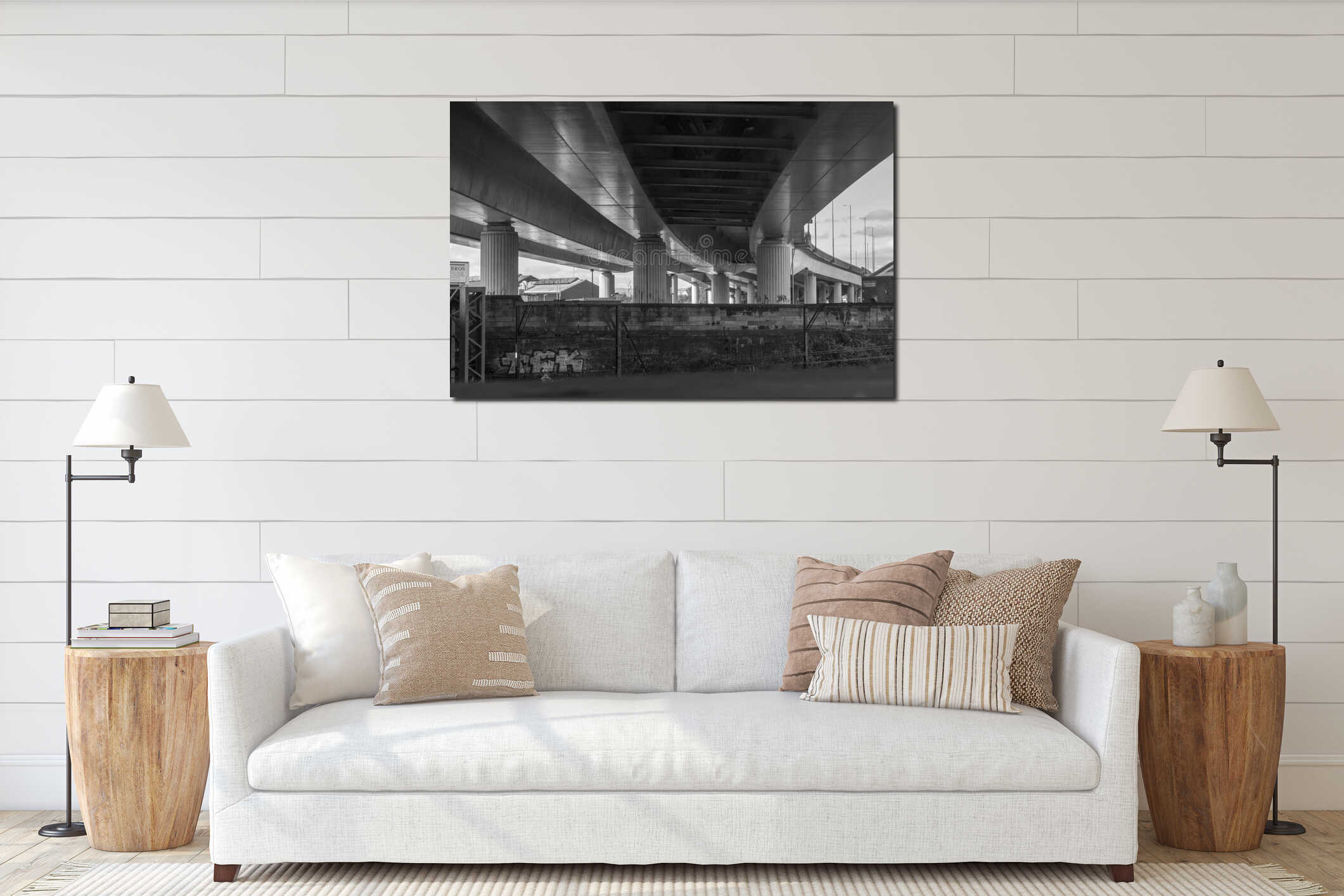 Low angle modern concrete road bridge in Glasgow interior mockup