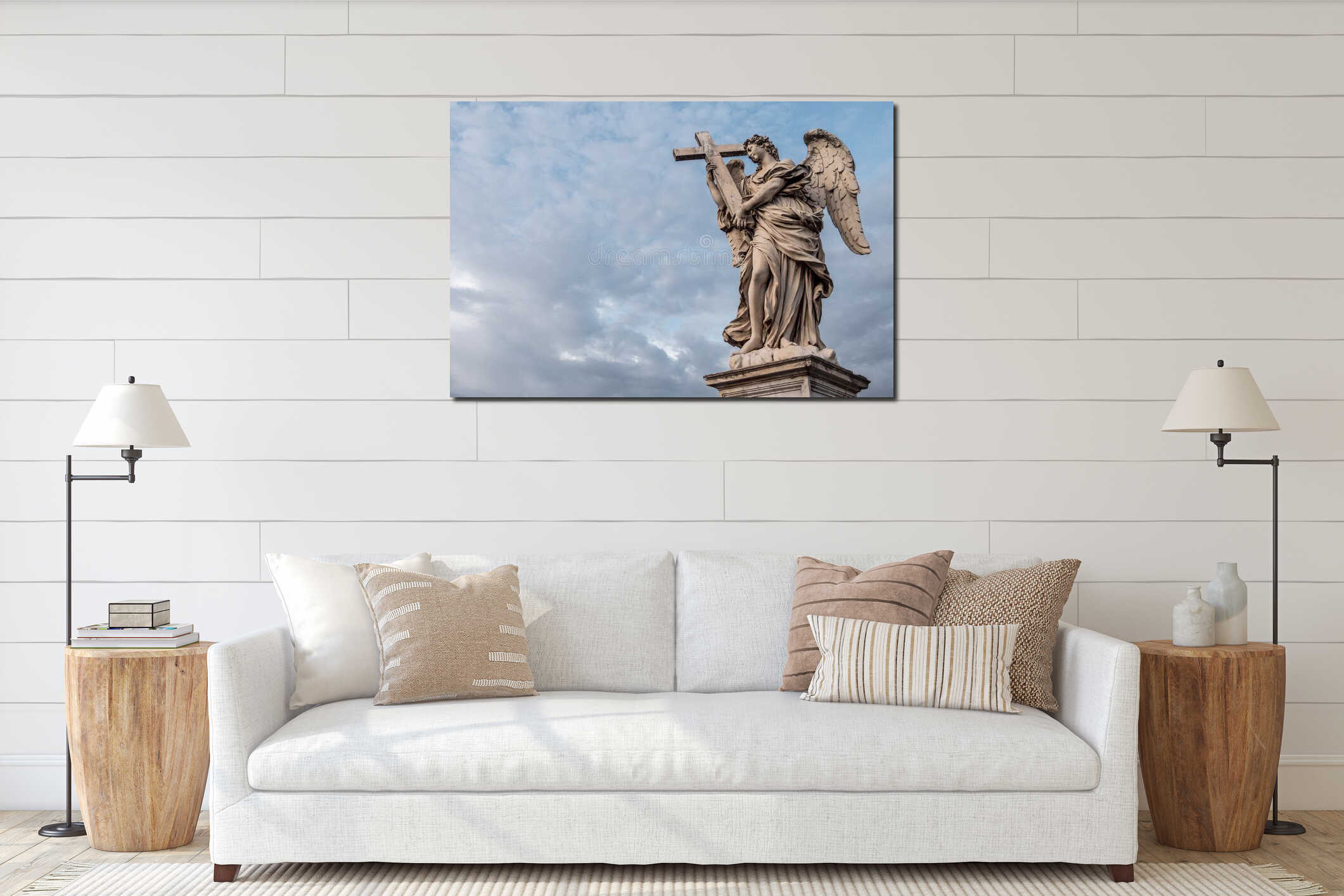 Bernini`s marble statue of angel with cross from the Sant`Angelo Bridge in Rome, Italy interior mockup