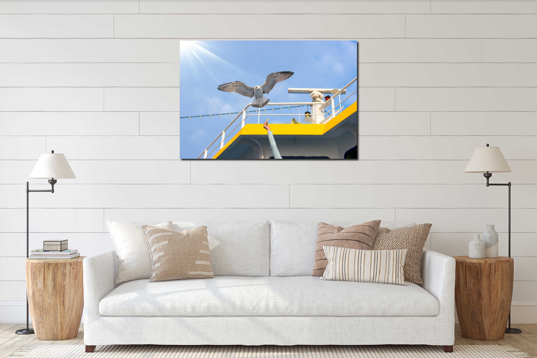 Seagull flies, gull lookig for food from tourists - travelers interior mockup