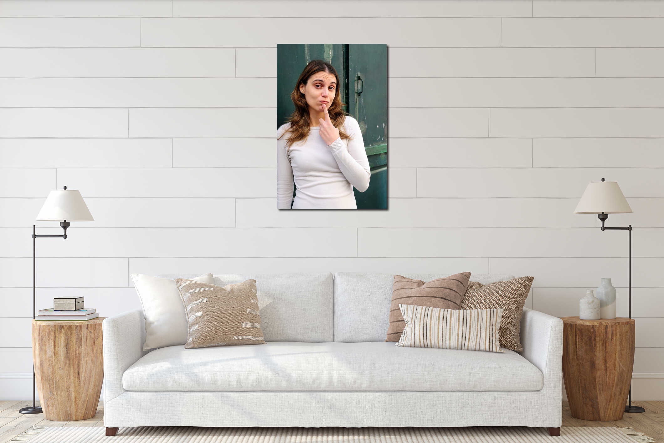 Outdoor portrait young woman interior mockup
