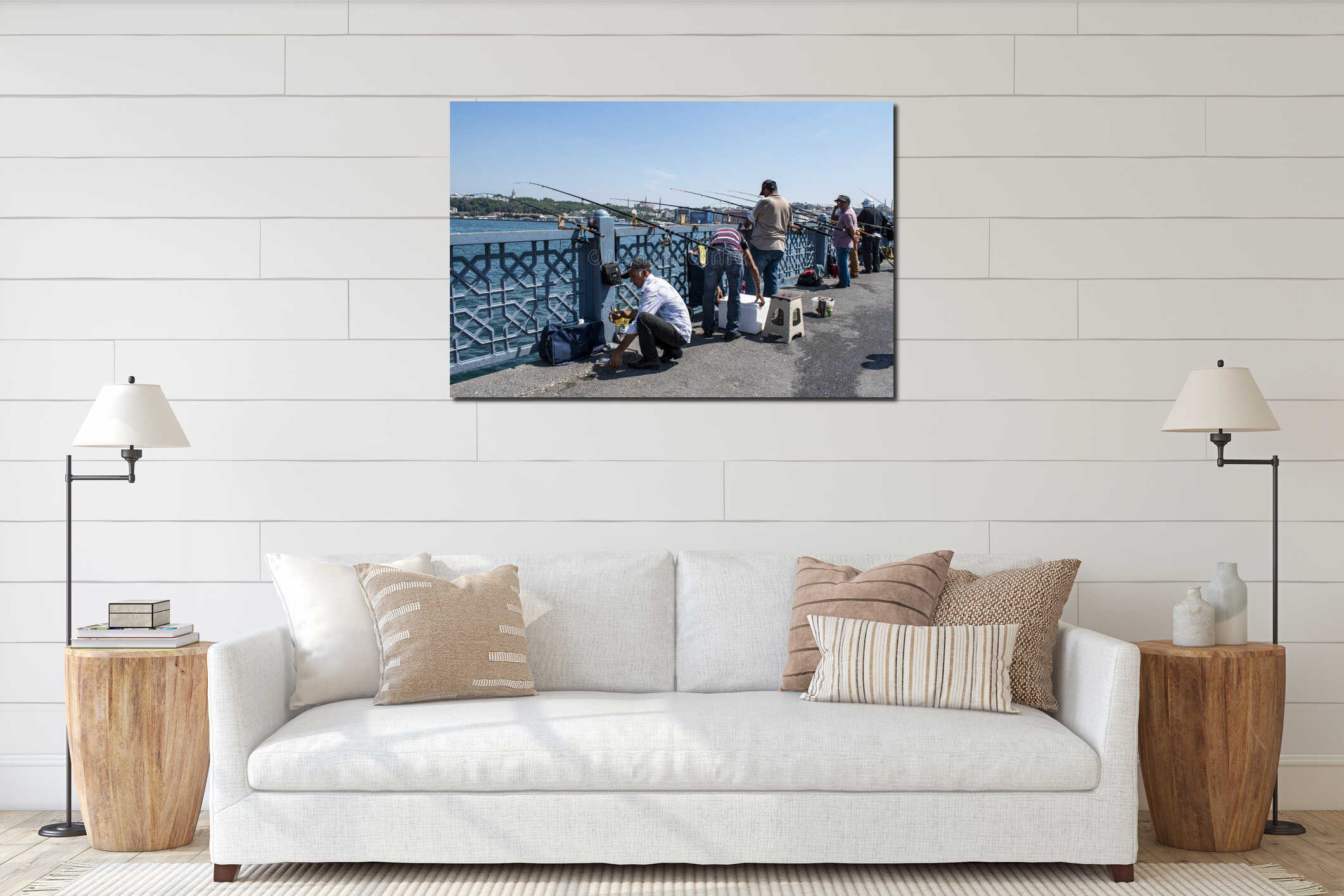 Istanbul, Turkey, Middle East, panoramic, view, Blue Mosque, Bosphorus, Golden Horn, Galata Bridge, fishermen, fishing rod, cruise interior mockup