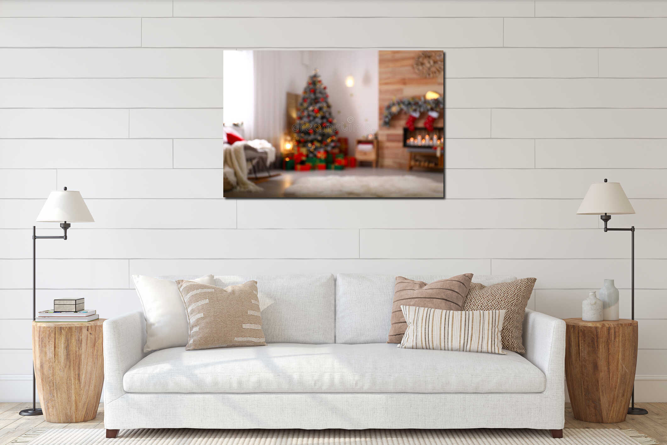 Blurred view of Christmas living room interior interior mockup