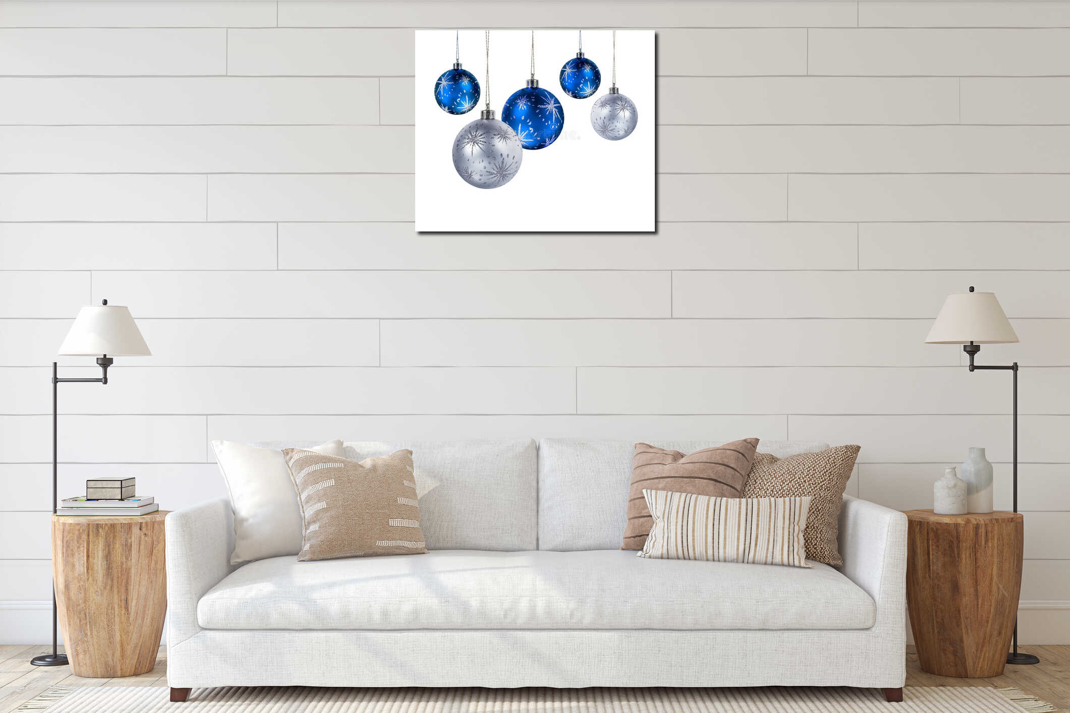 Blue silver christmas balls interior mockup