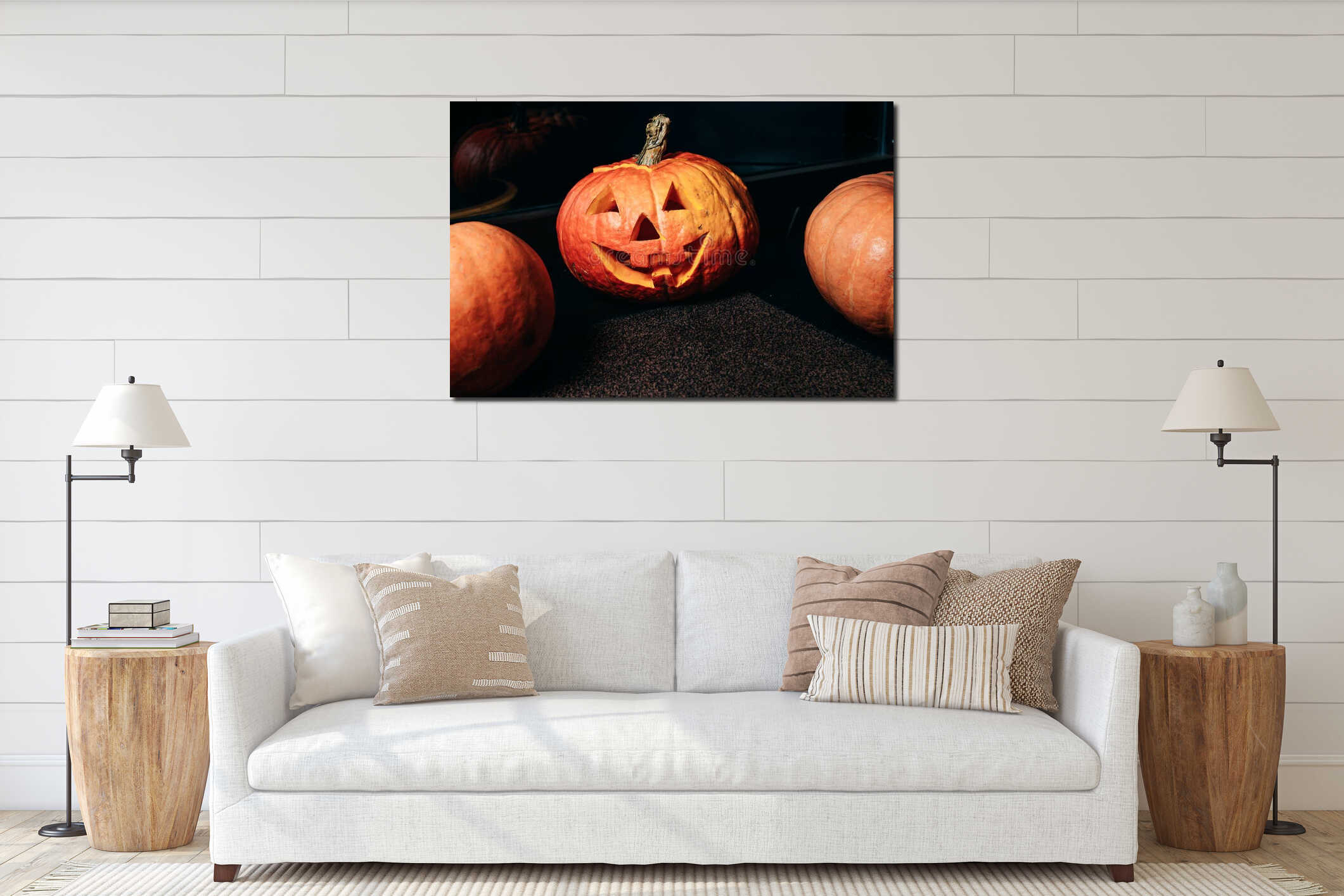 Group of spooky Halloween Jack o Lanterns interior mockup