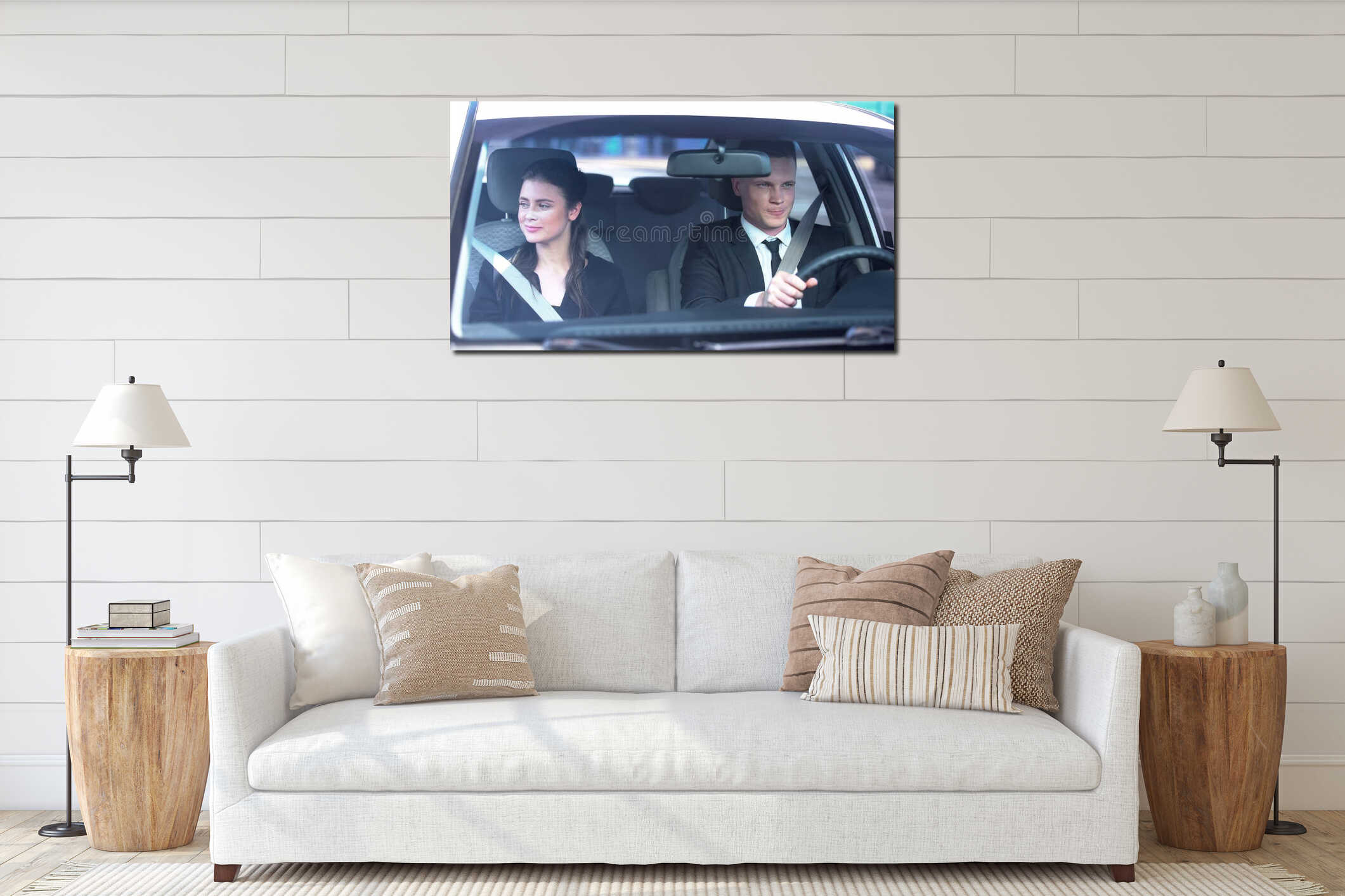 Young couple smiling feeling modest on first date, sitting in car, romance interior mockup