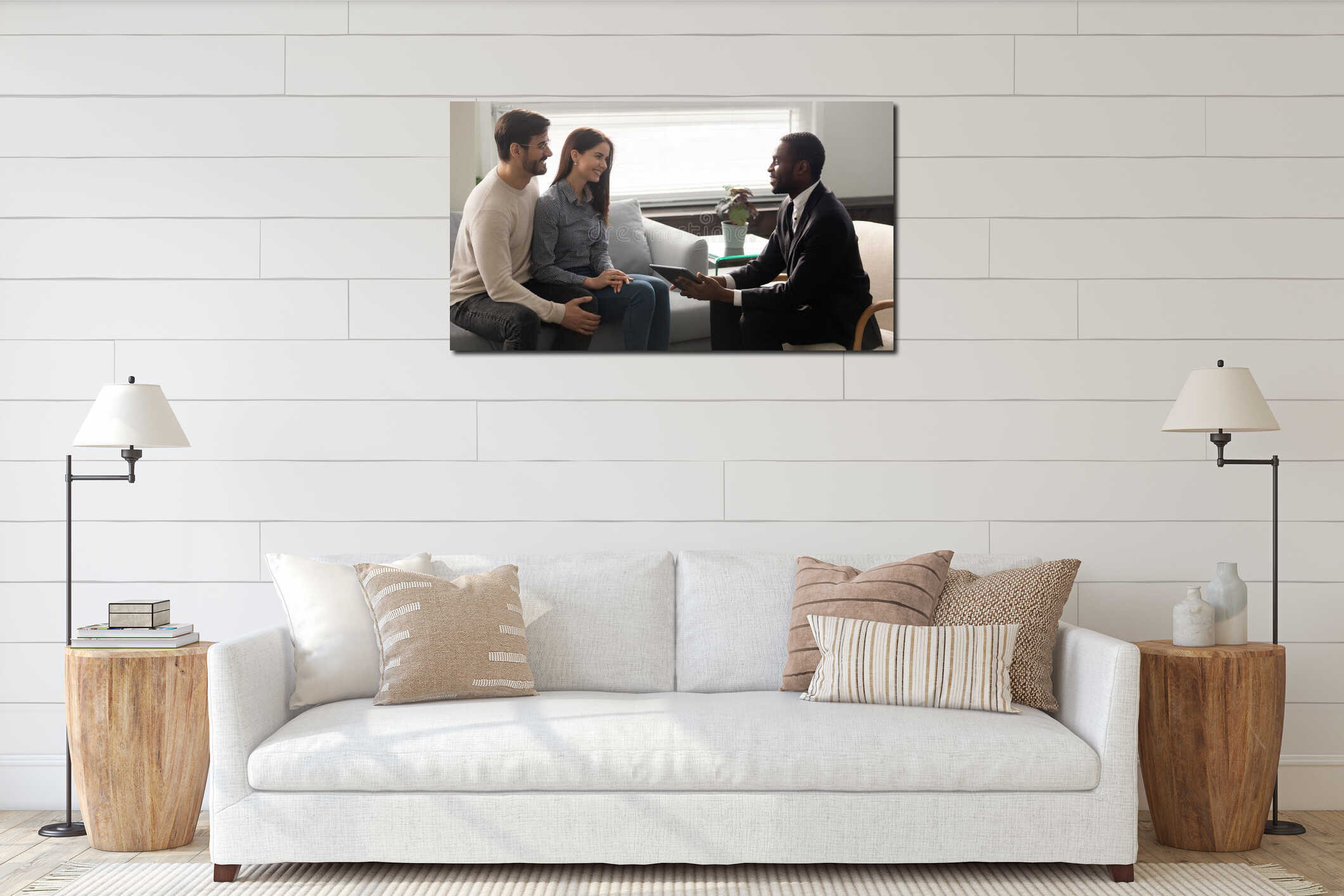 Smiling young family couple meeting real estate agent at home. interior mockup