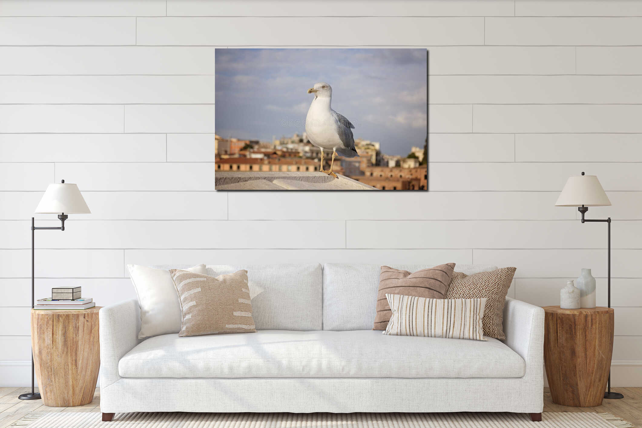 An adult common gull or Mew gull standing on a roof, Rome streets on the background interior mockup