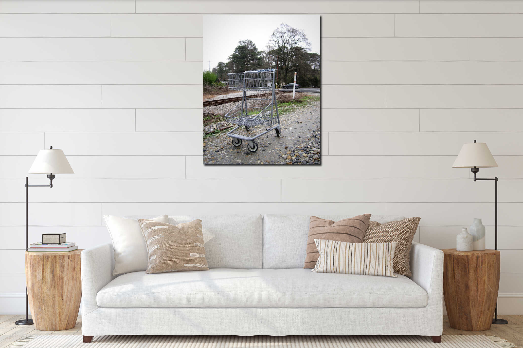 Abandoned Shopping Cart Beside Train Tracks. interior mockup