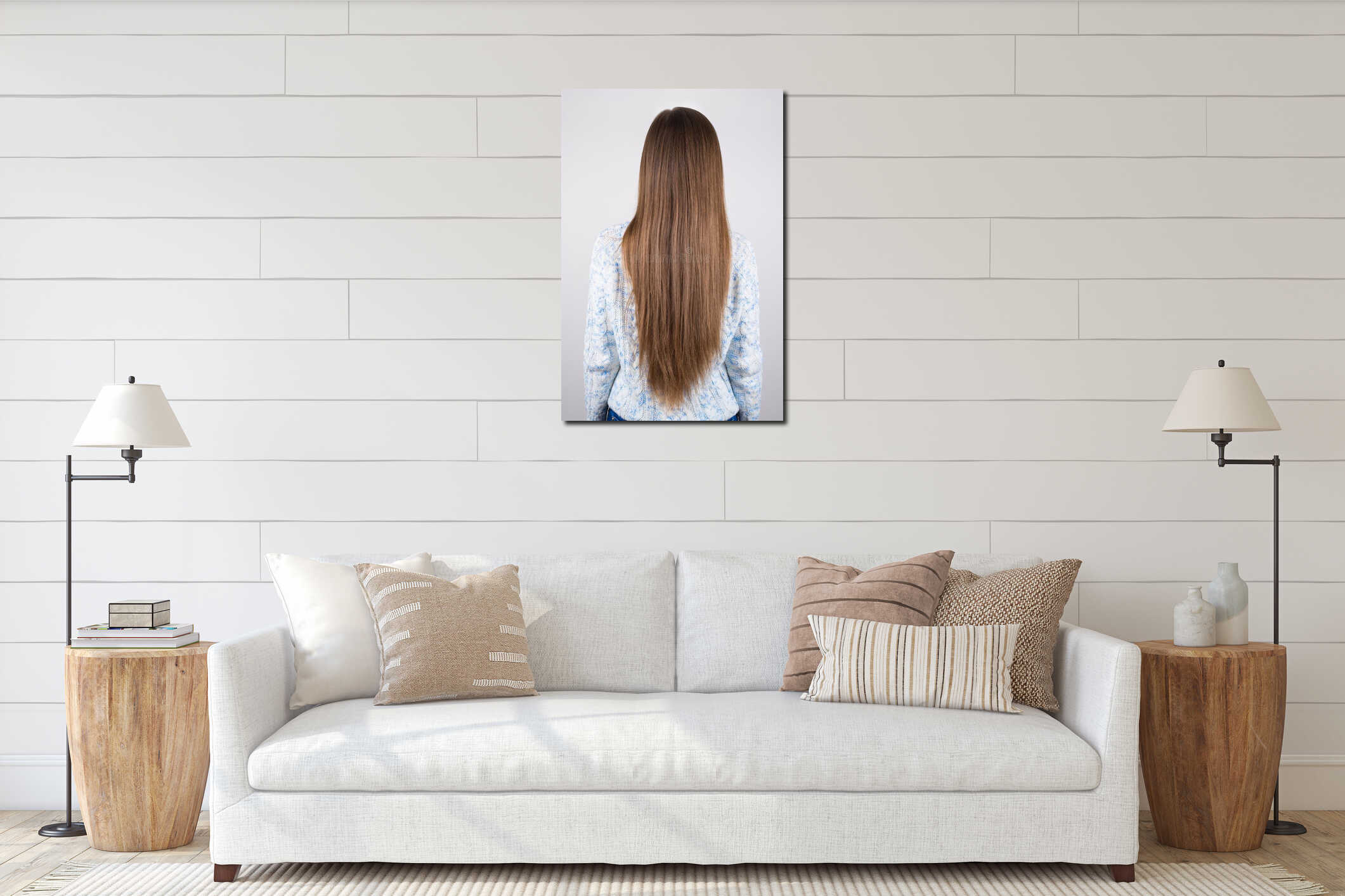 Vertical close up back behind rear view photo of woman demonstrating showing her long but problematic hair isolated grey interior mockup