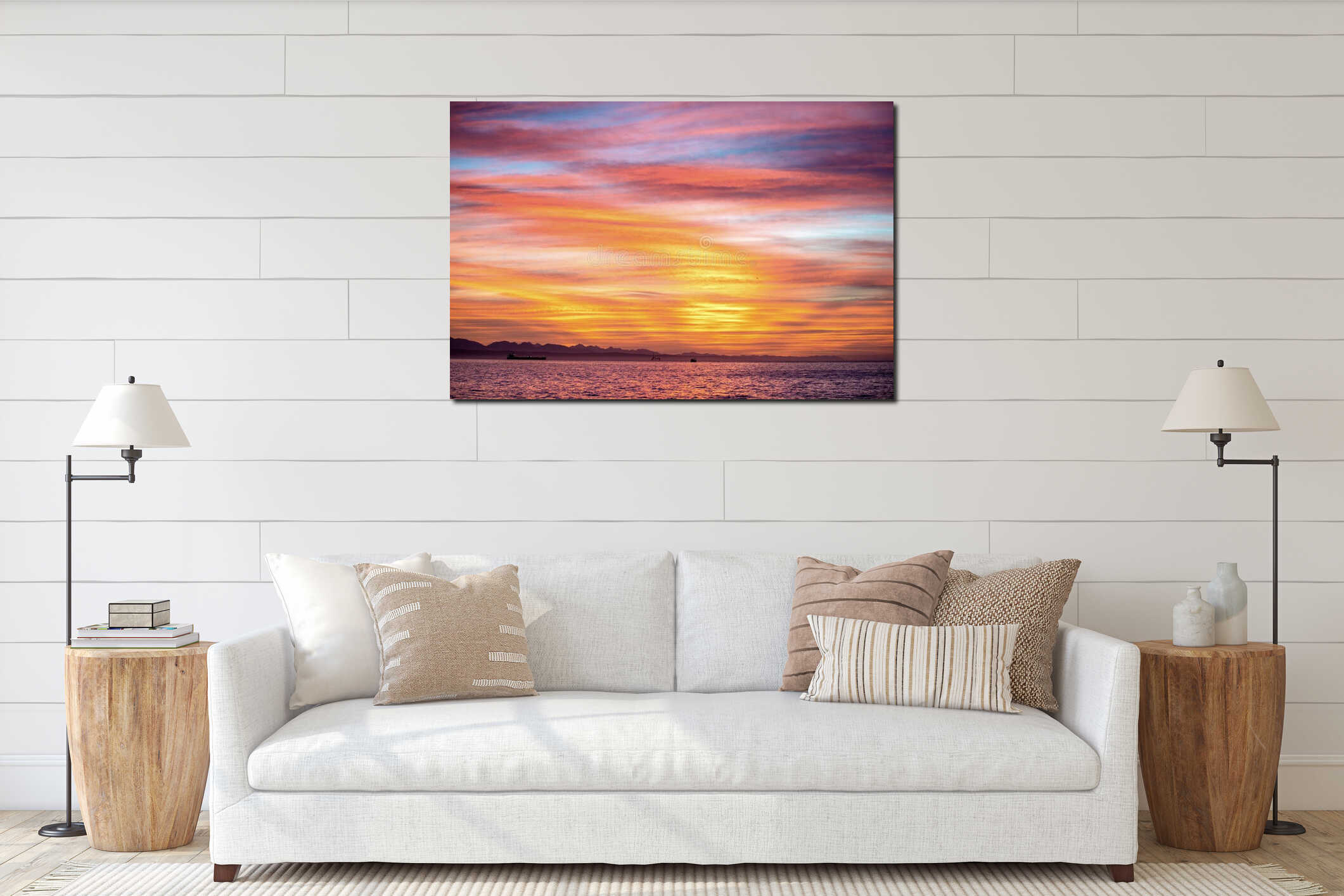 Seascape. Clouds, red sunrise sky, Mossel bay. South Africa interior mockup
