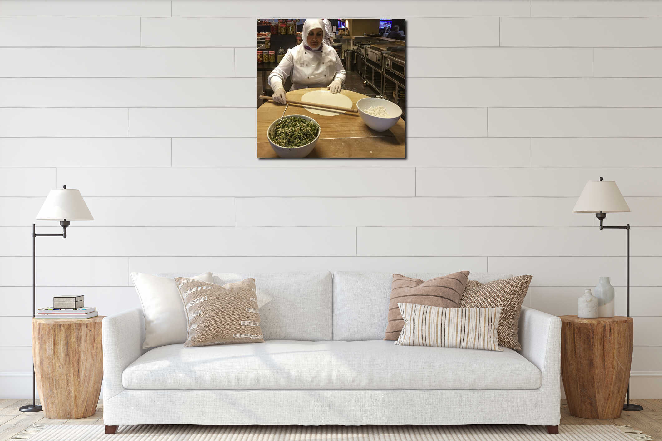 Istanbul, Turkey - 2019-05-04 - airport lounge woman makes snack starting with rolling out dough interior mockup