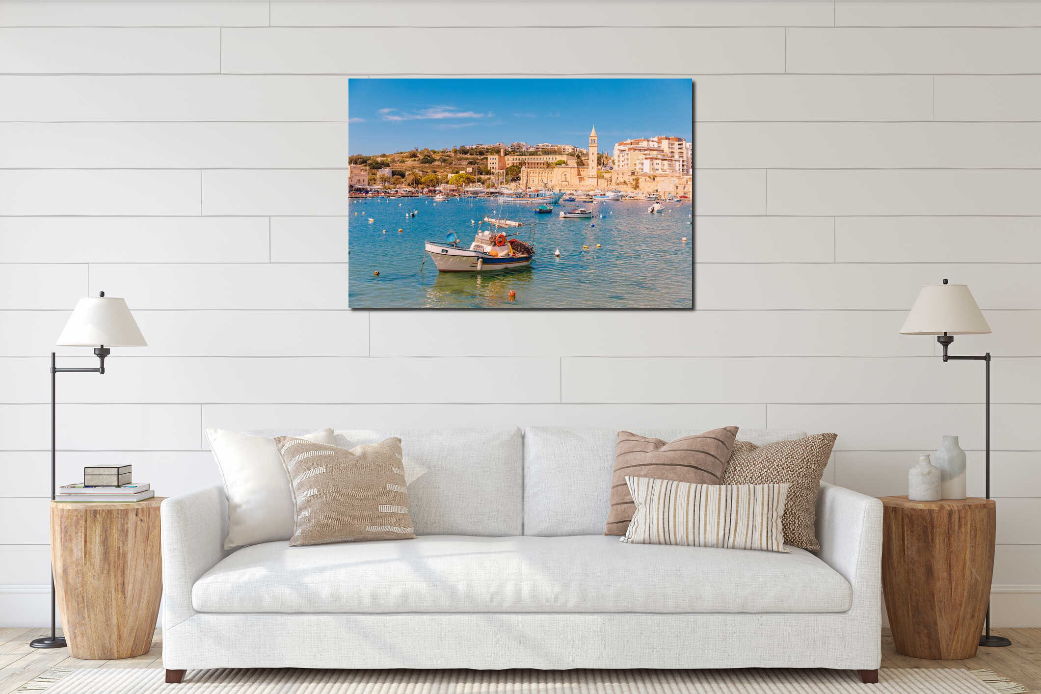 City Marsaskala Malta summer harbour Fishing boats in water mediterranean sea blue interior mockup