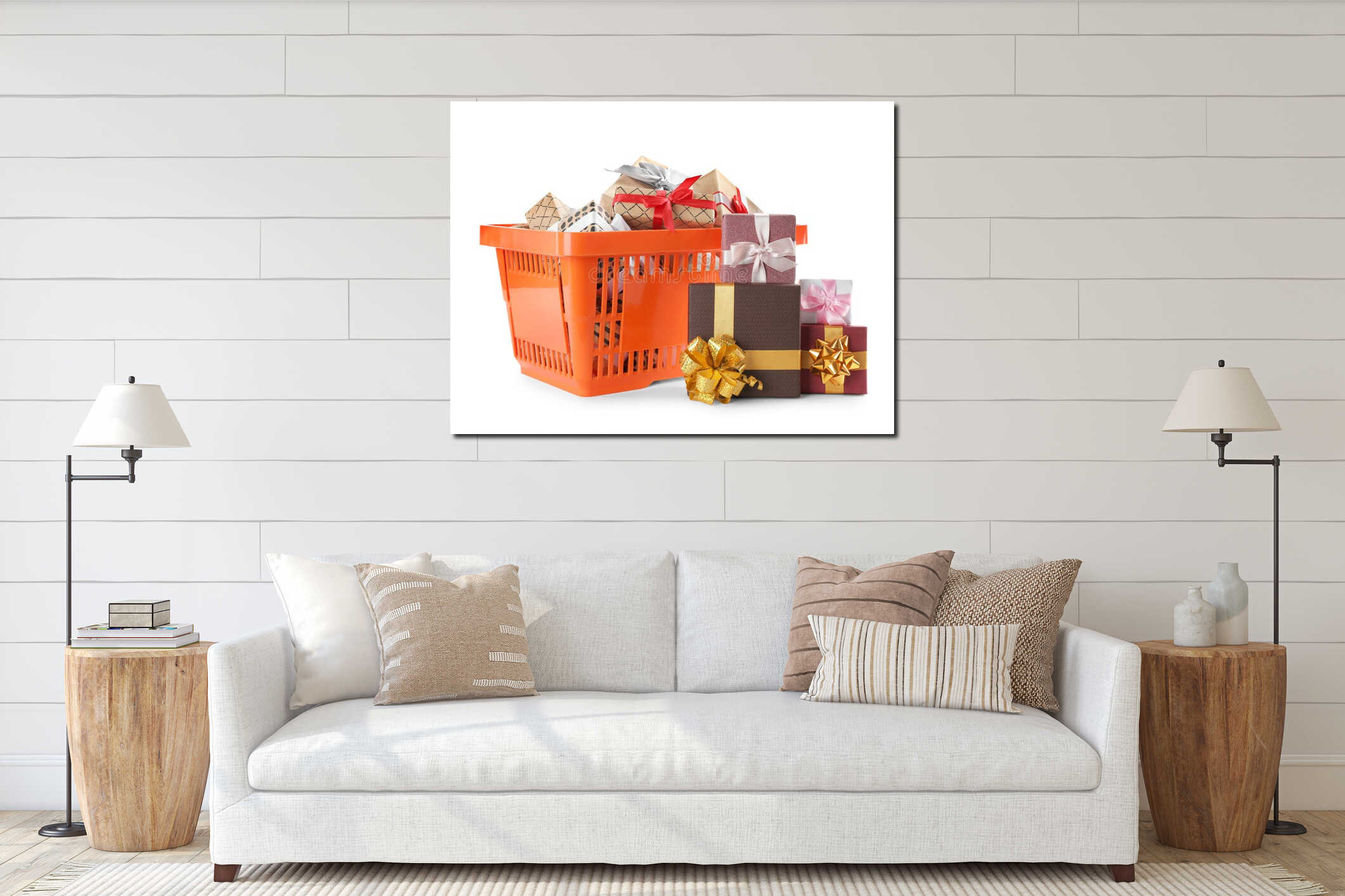 Orange shopping basket with different gifts on background interior mockup