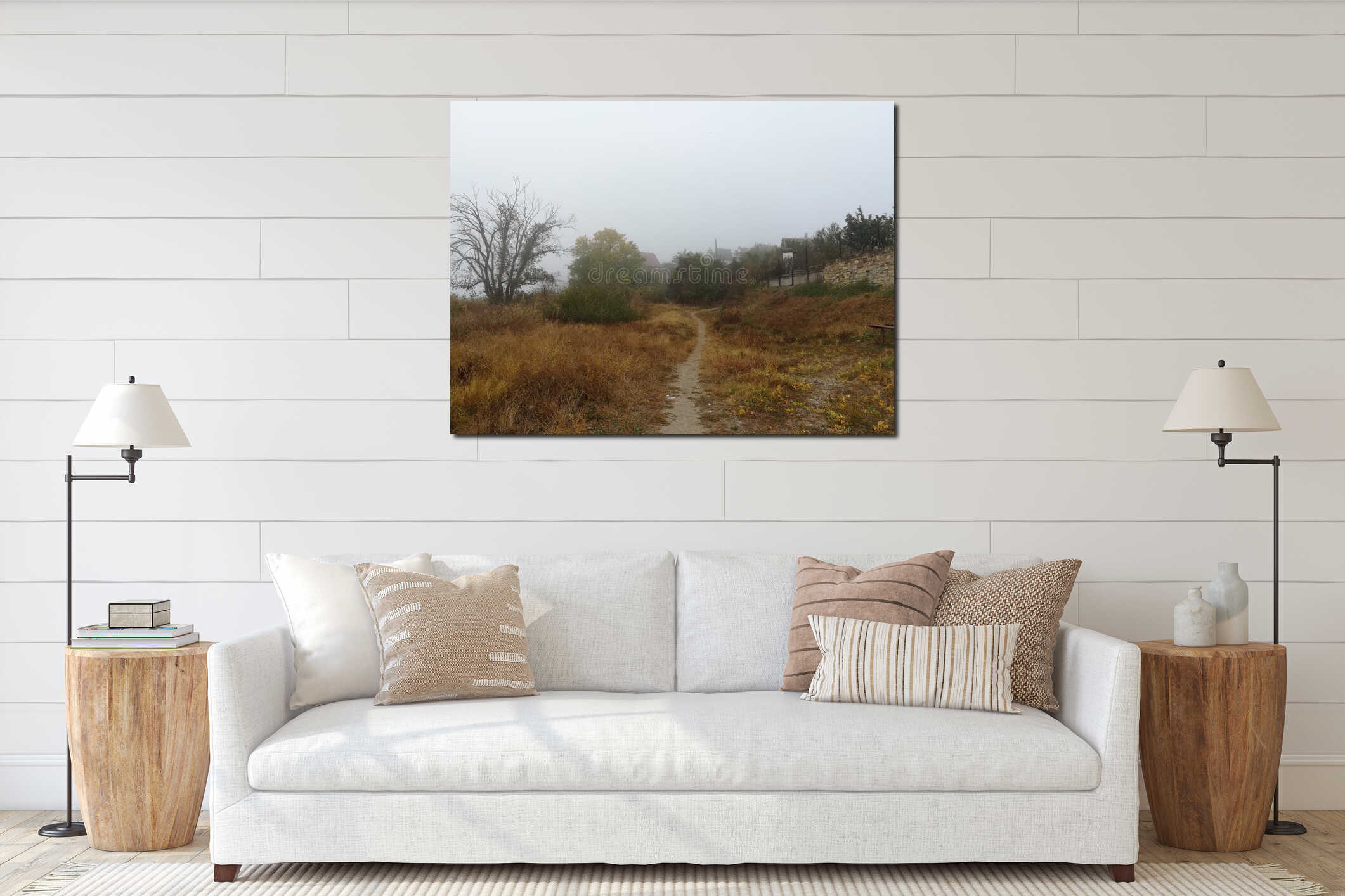 Countyside haze morning. Cold morning and foggy weather interior mockup