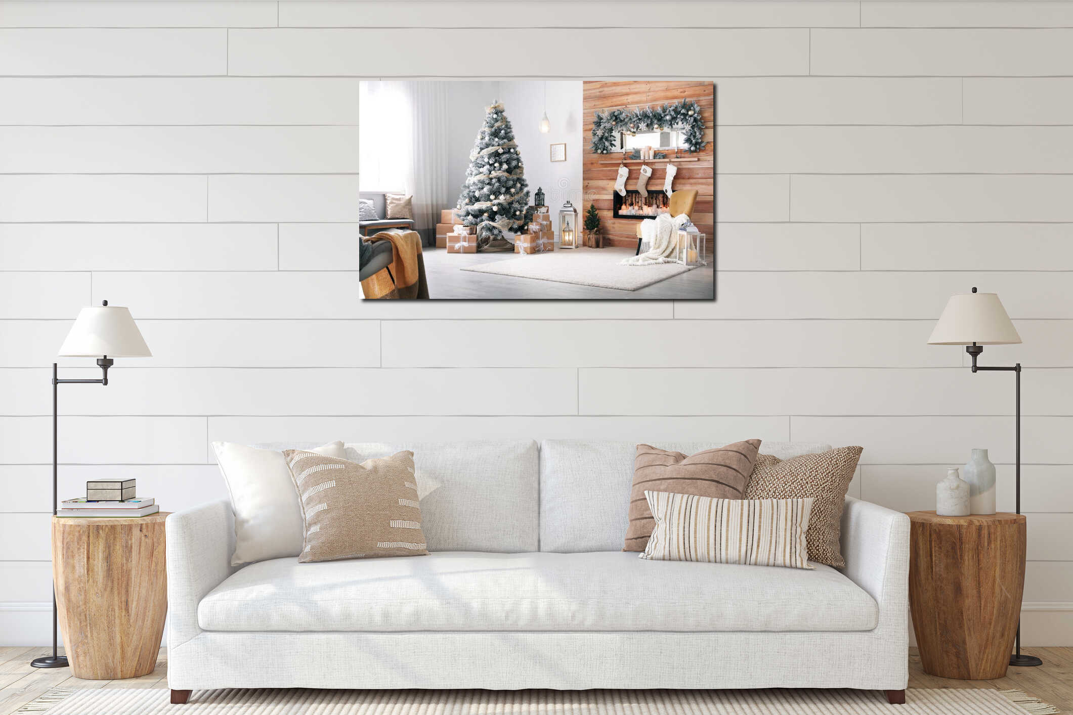 Interior with decorated Christmas tree and fireplace interior mockup