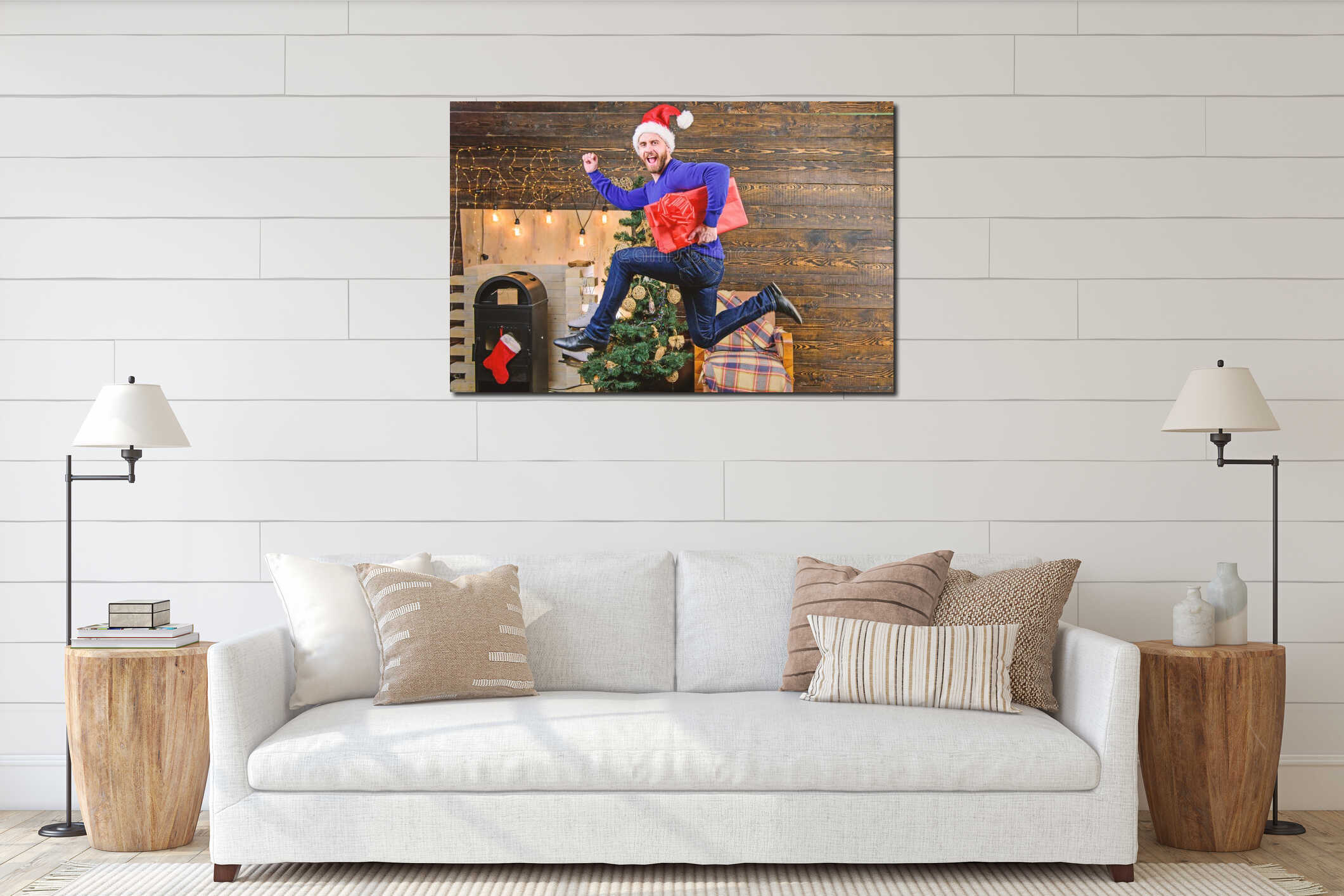Man santa hat hurry to deliver gift on time. Spread happiness and joy. Bearded guy in motion jump. Delivery christmas interior mockup