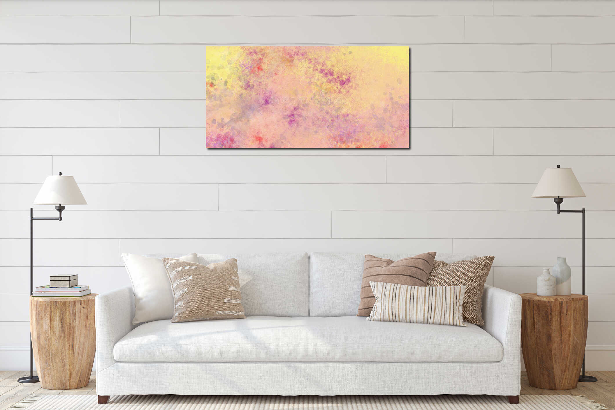 Purple pink yellow and orange abstract background with random paint spatter and splashe interior mockup
