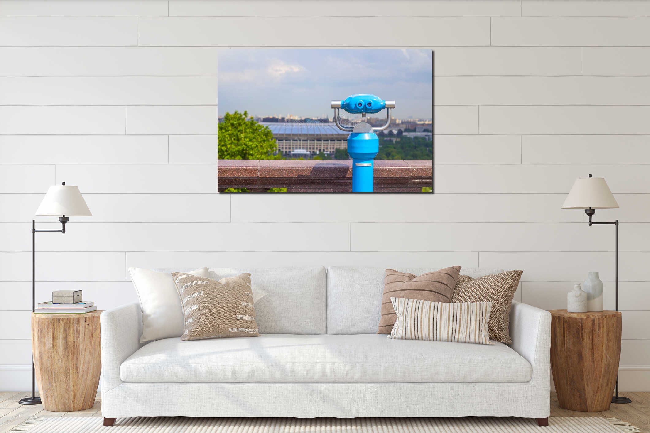 Blue stationary binoculars on the observation deck of the Sparrow mountains interior mockup