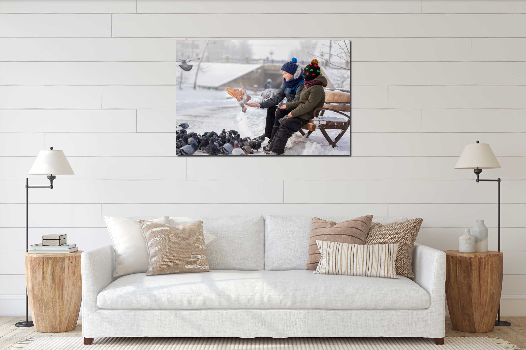 Two brothers are feeding birds in winter park interior mockup