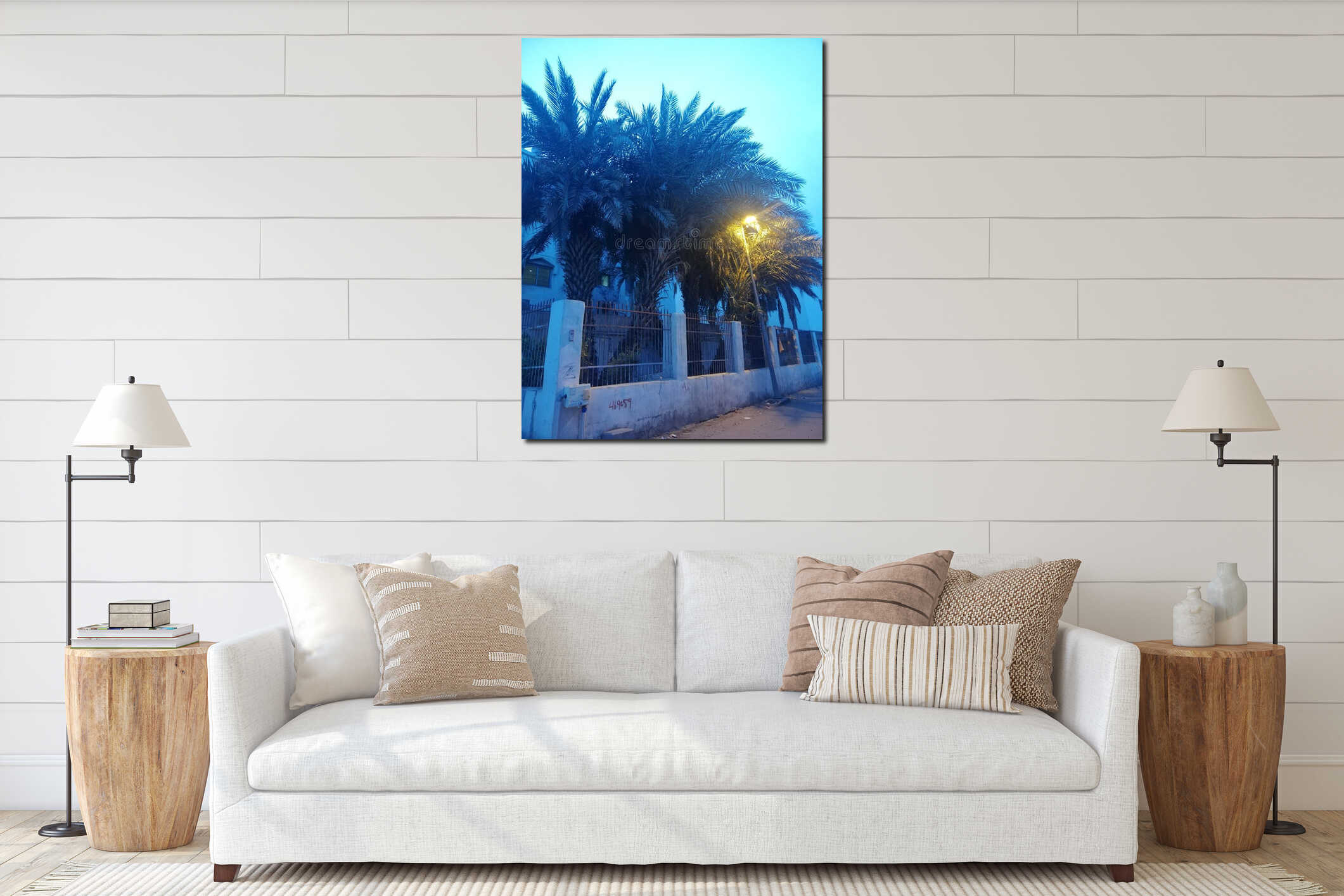 Palm trees evening lamp interior mockup