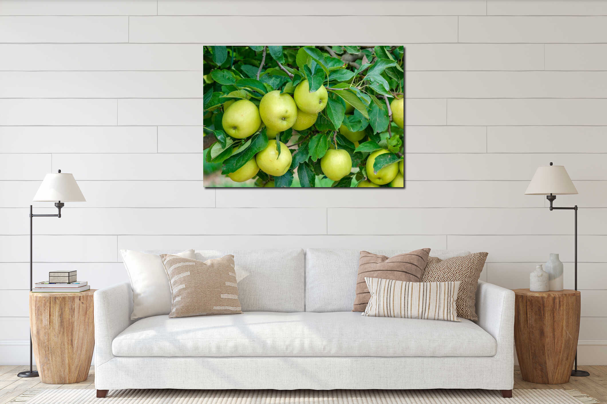 Close of ripe green apples on a tree on a sunny day interior mockup