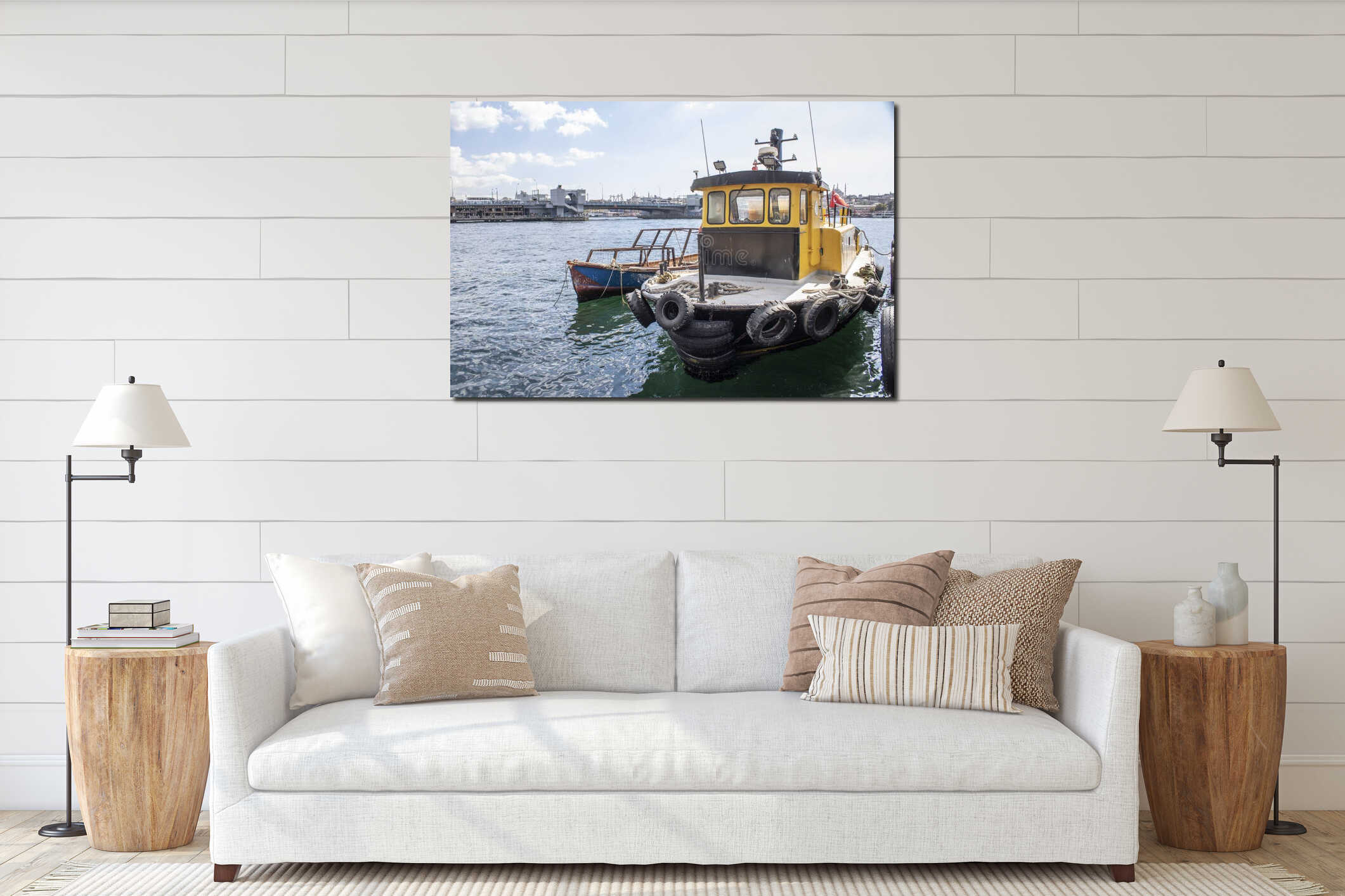 Istanbul, Turkey - September-28,2019: Closeup of fishing boat on hand. Galata bridge and sky in background interior mockup