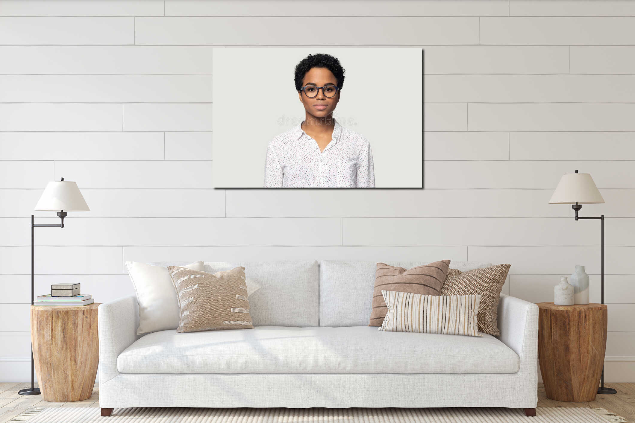 Head shot portrait beautiful young African American woman in glasses interior mockup