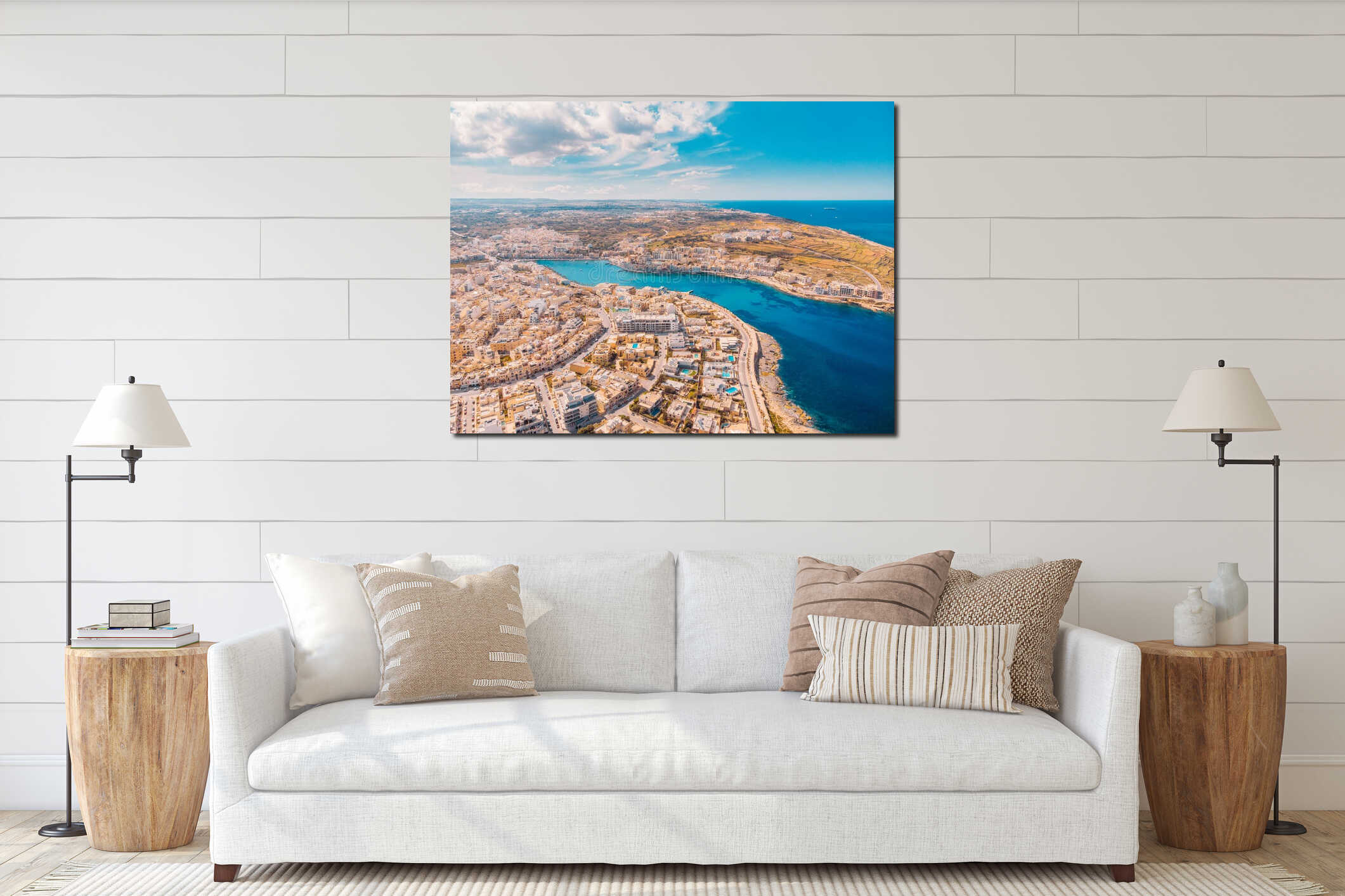 City Marsaskala Malta summer harbour water mediterranean sea blue. Aerial top view interior mockup