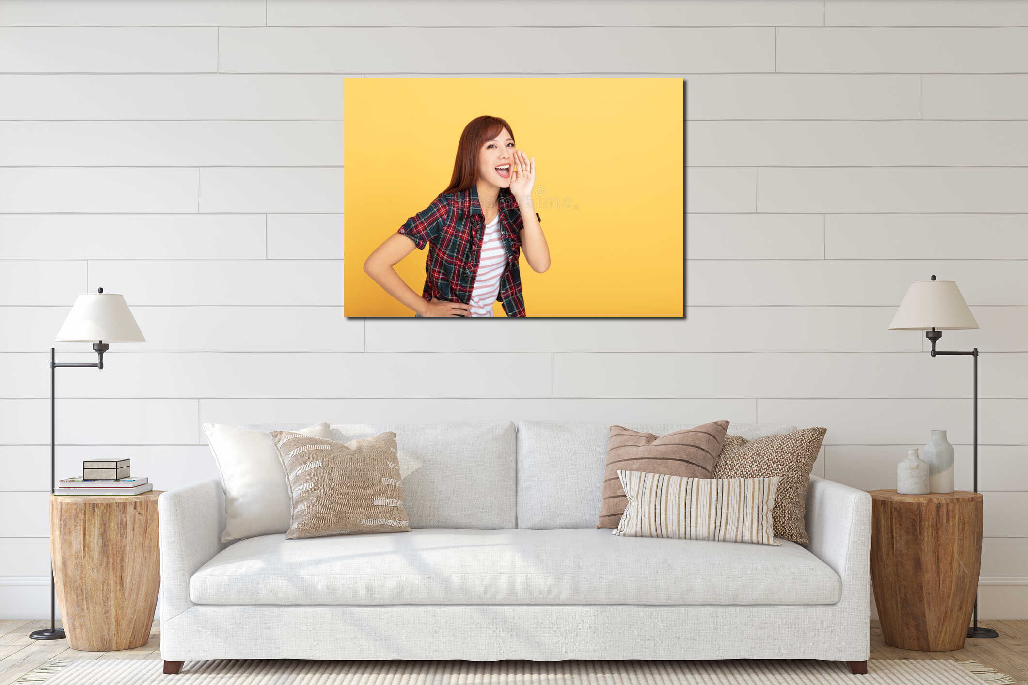 Portrait of  beautiful  smiling young asian interior mockup