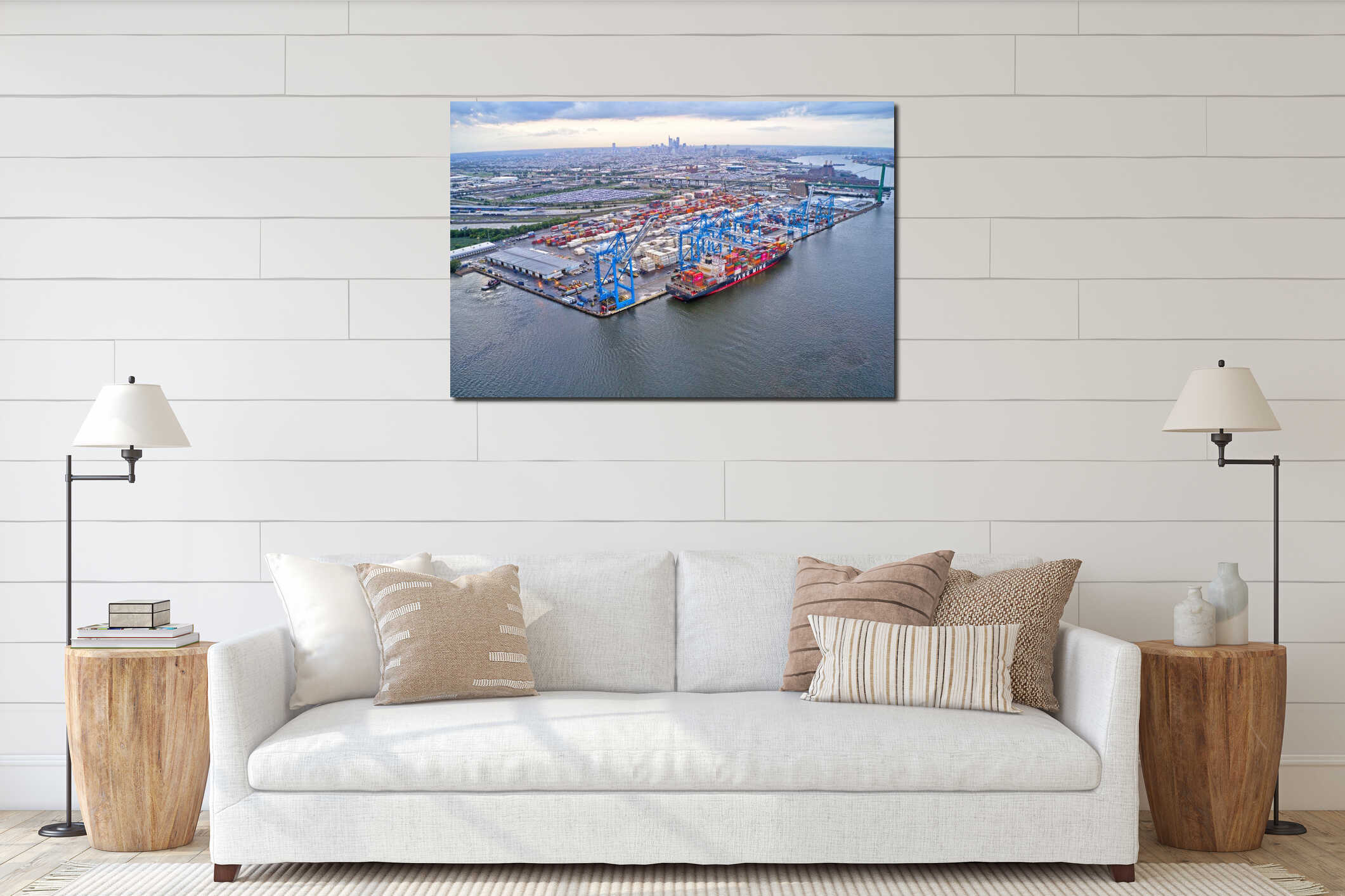 Aerial View of Cargo Ships at Port of Philadelphia interior mockup