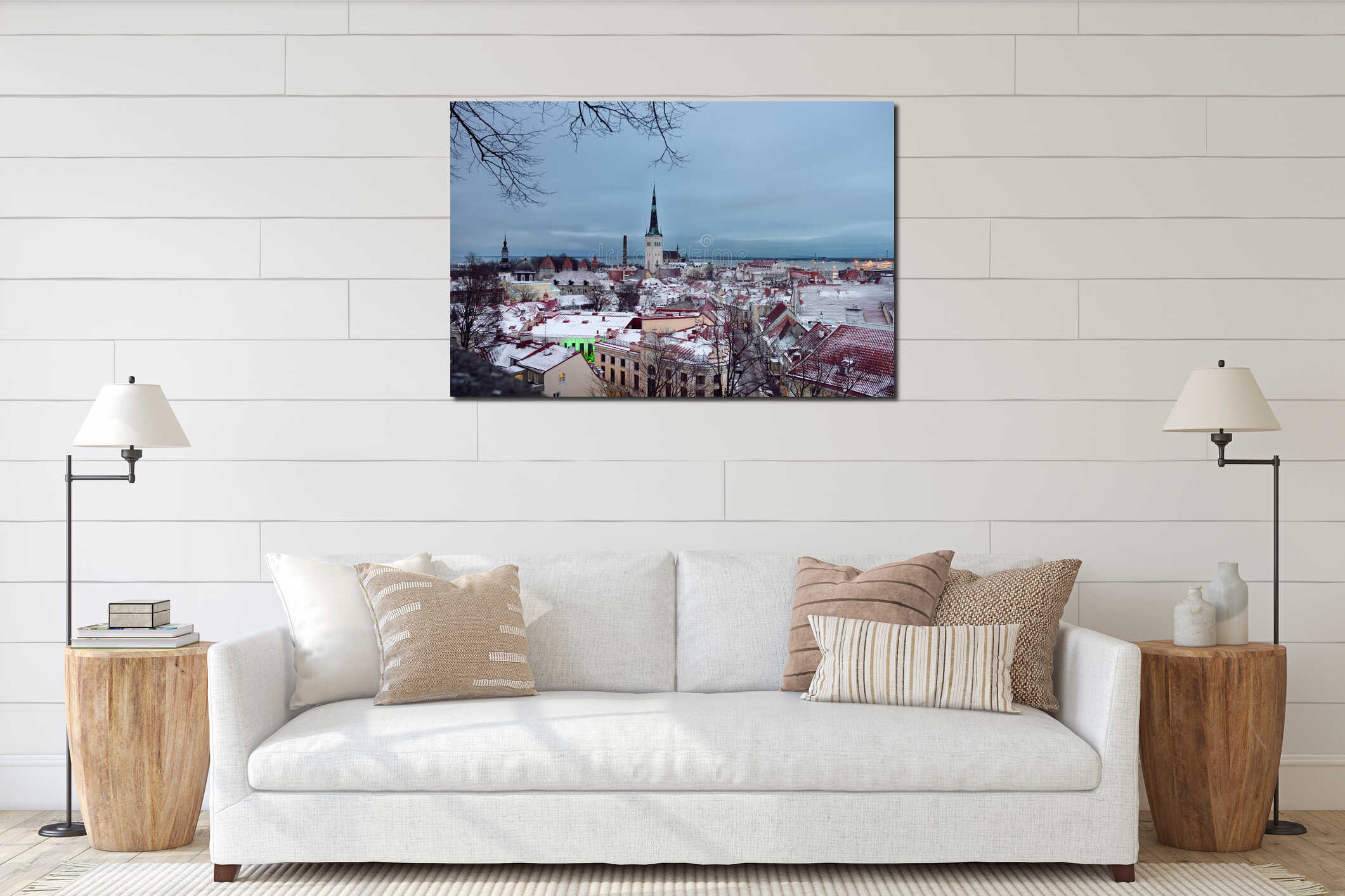 Aerial cityscape view of Tallinn Old Medieval Town on winter day. St. Olaf`s Church spire visible in the distance interior mockup