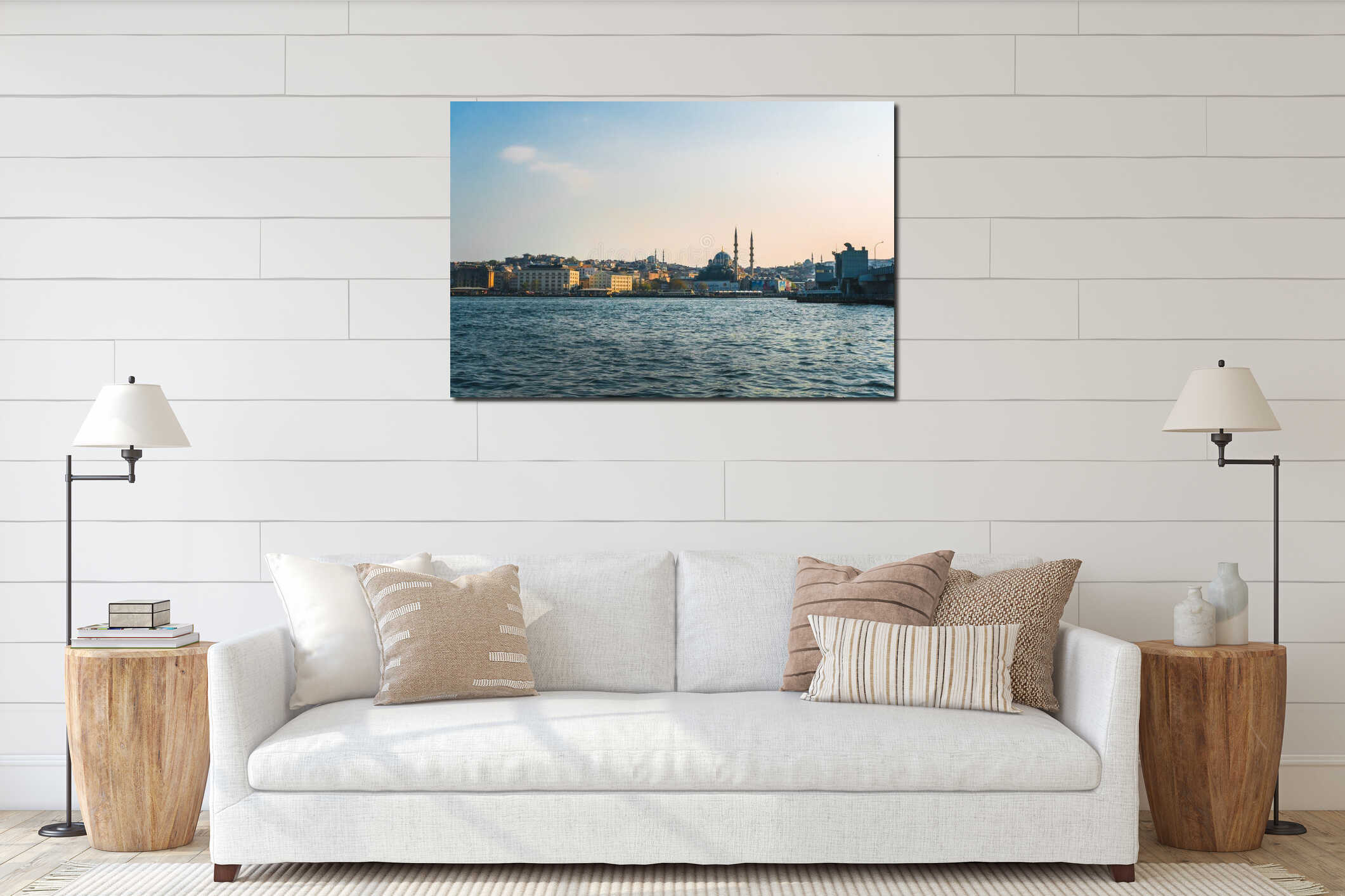 April 17, 2019 : View of Istanbul cityscape Suleymaniye Mosque Hagia Sophia with floating tourist boats in Bosphorus ,Istanbul interior mockup