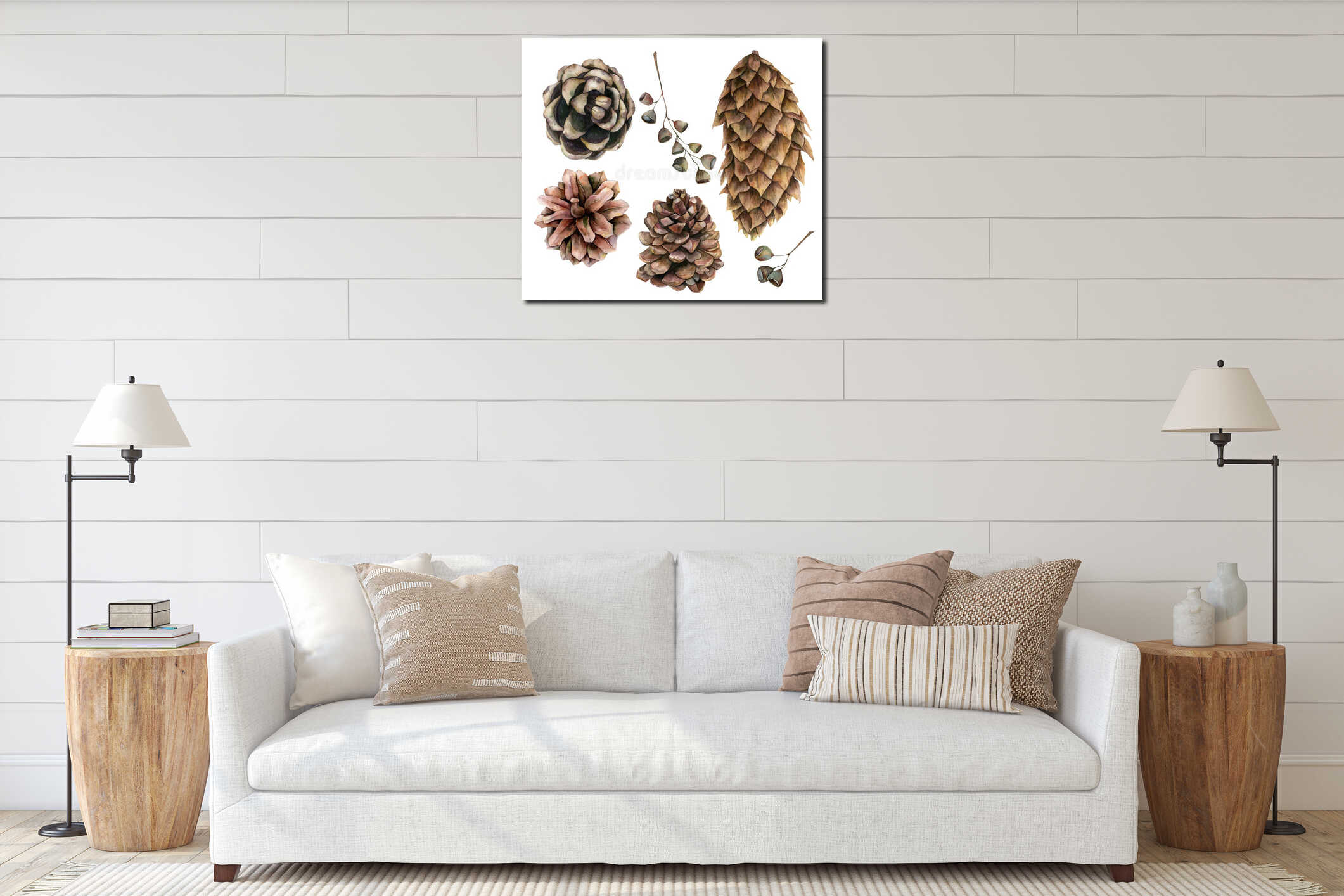 Watercolor botanical set with pine cones and seeds. Hand painted winter holiday plants isolated on white background interior mockup