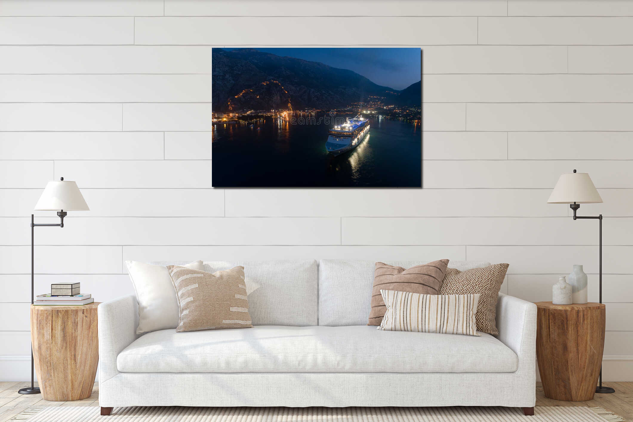 Kotor, Montenegro - October 28, 2019: cruise ship Norwegian Spirit in port, aerial. interior mockup