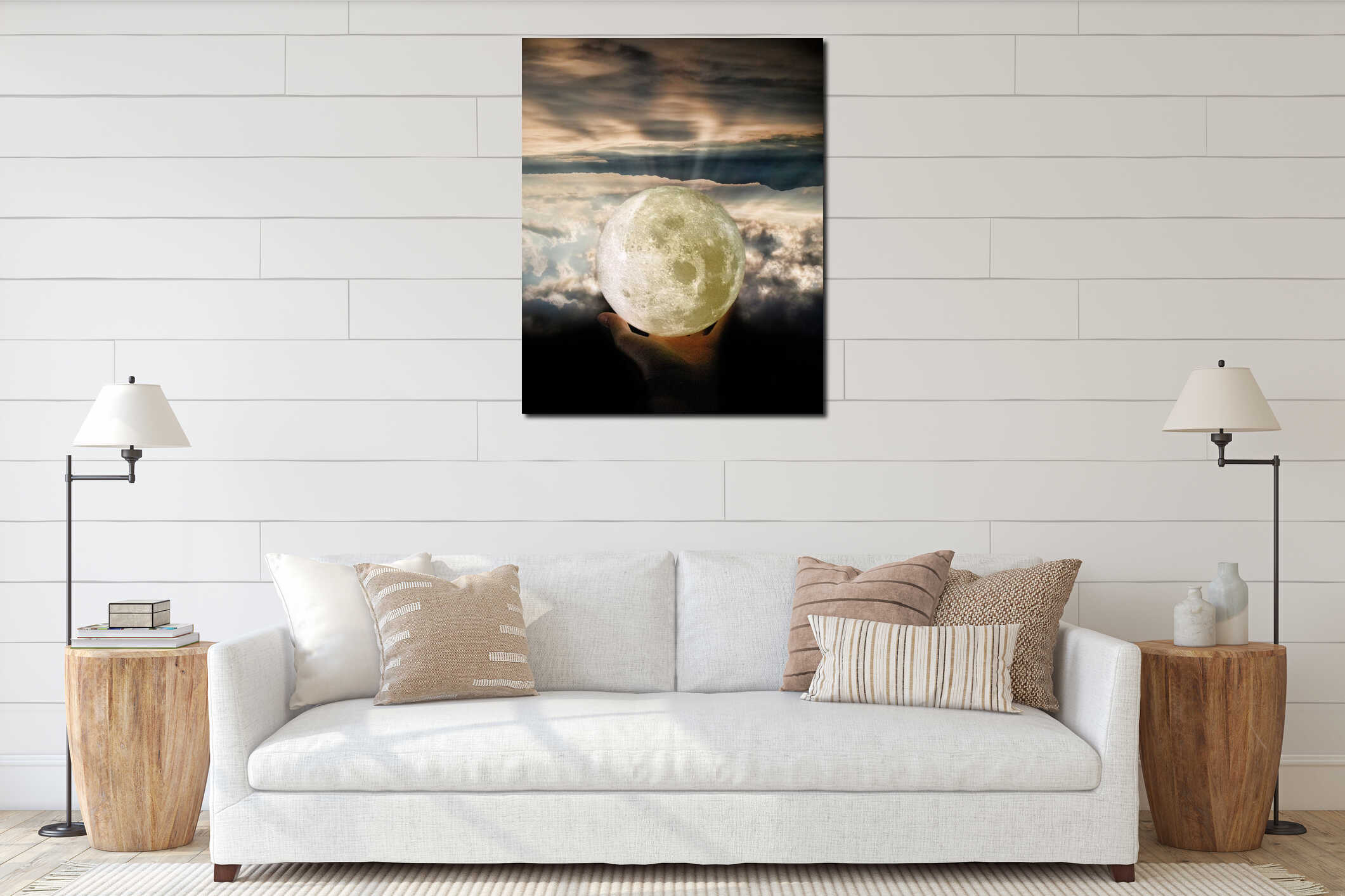 Vertical shot of a white planet figure in a human palm interior mockup