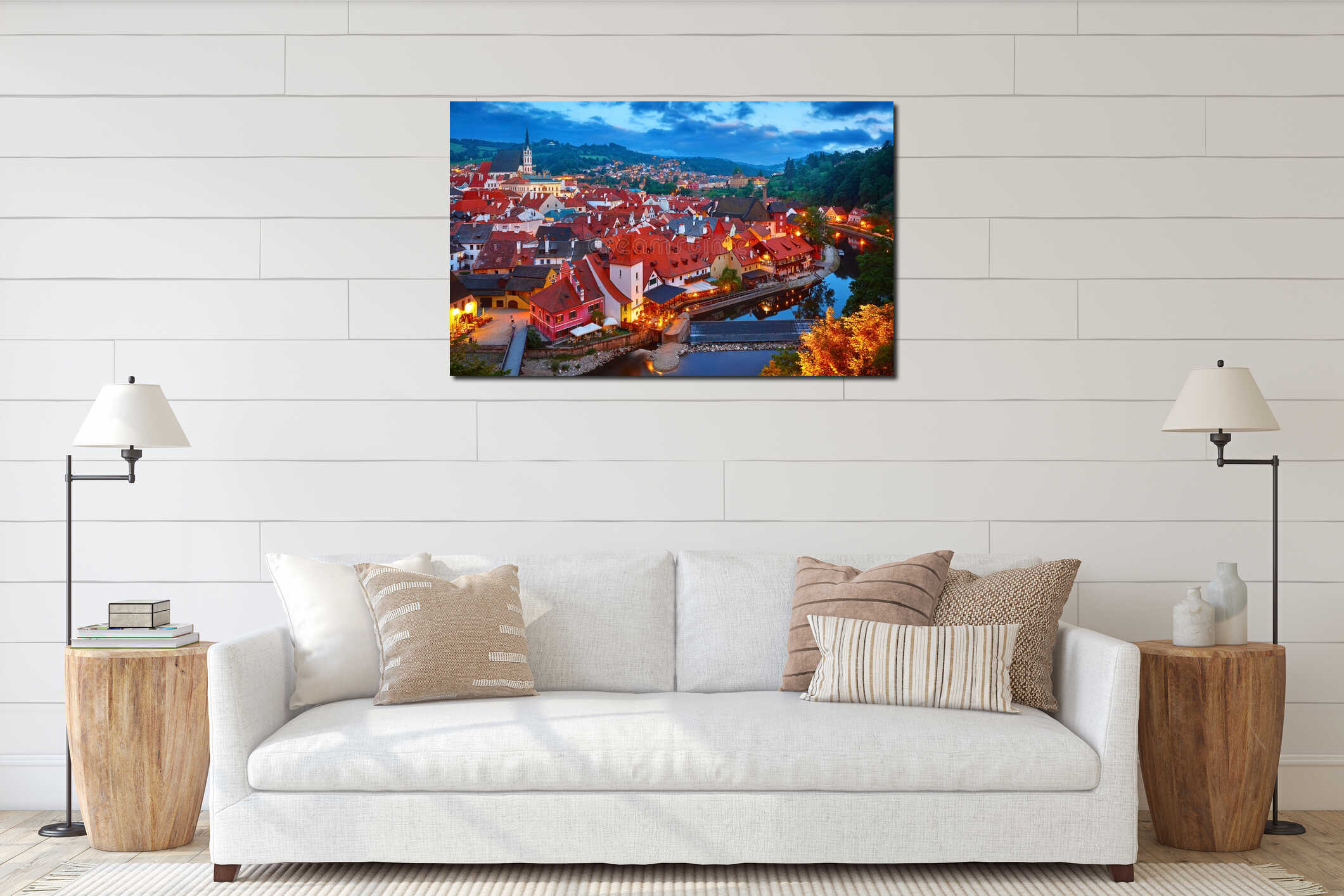 Czech Krumlov Republic. Evening panorama old town interior mockup
