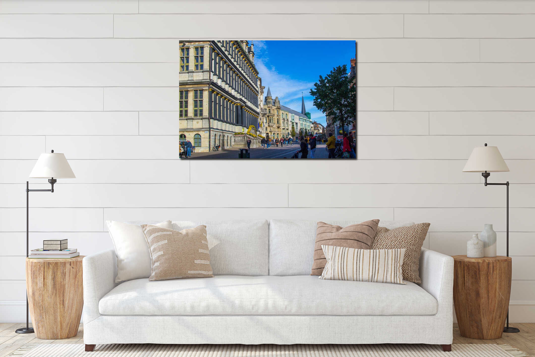 View of Botermarkt, one of the main streets in Ghent, Belgium, with the Town Hall Stadhuis on the left side interior mockup