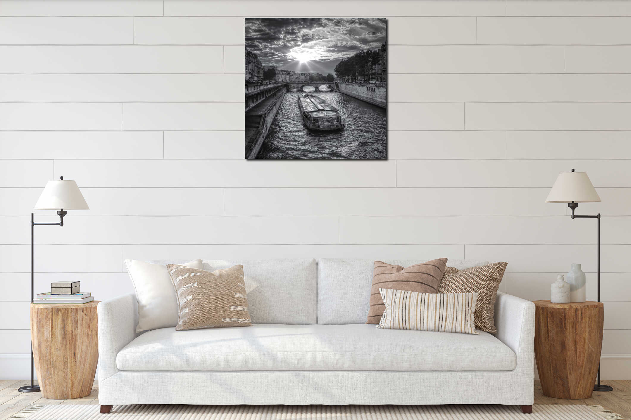 High angle vertical grayscale shot of a boat riding in the river Seine in Paris interior mockup