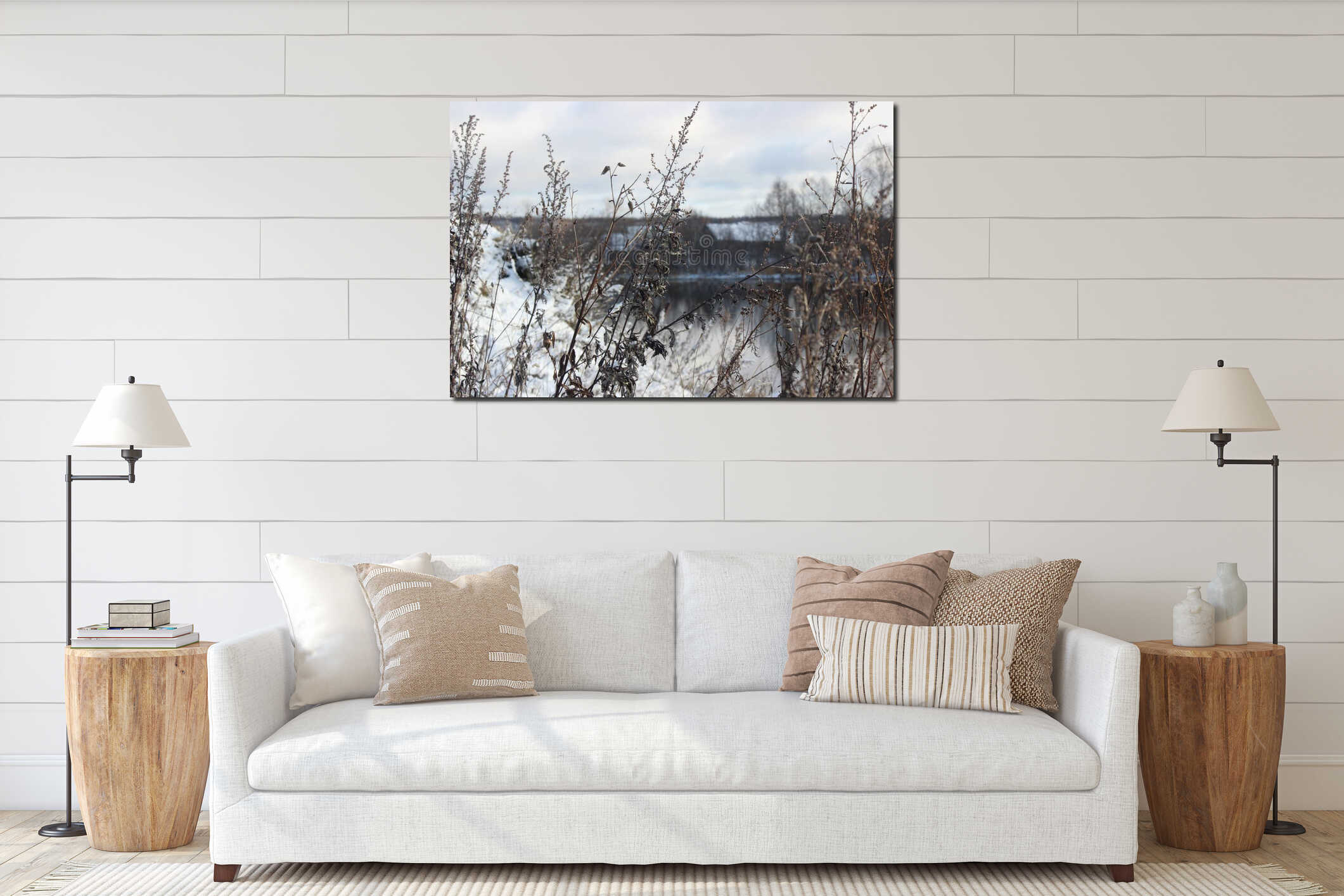 Dry grass close-up on the background of the river sunny day interior mockup