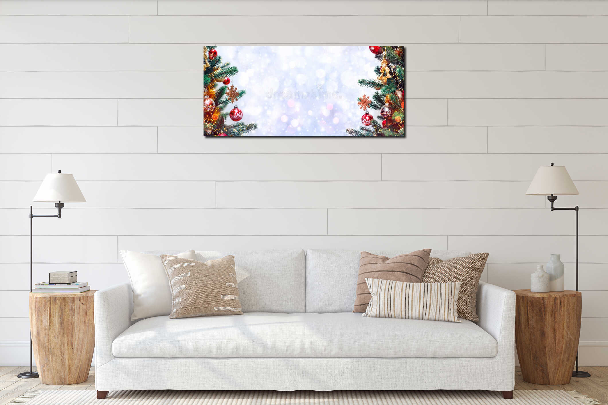 Christmas tree background and Christmas decorations with snow, blurred, sparking, glowing. Happy New Year and Xmas interior mockup