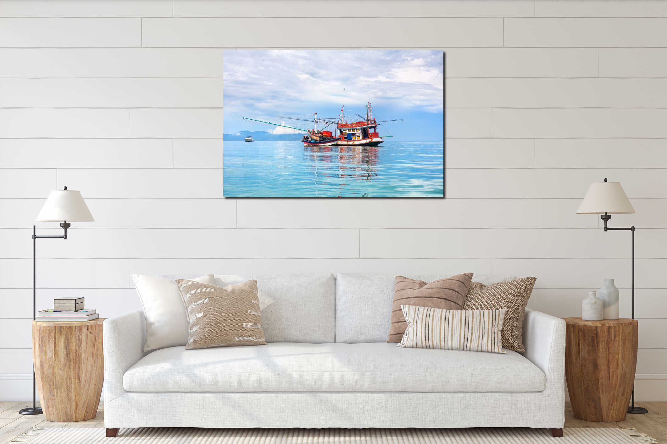 Fisherman boat on blue sea, sky, clouds landscape background close up, beautiful seascape with red wooden fishing vessel, Thailand interior mockup