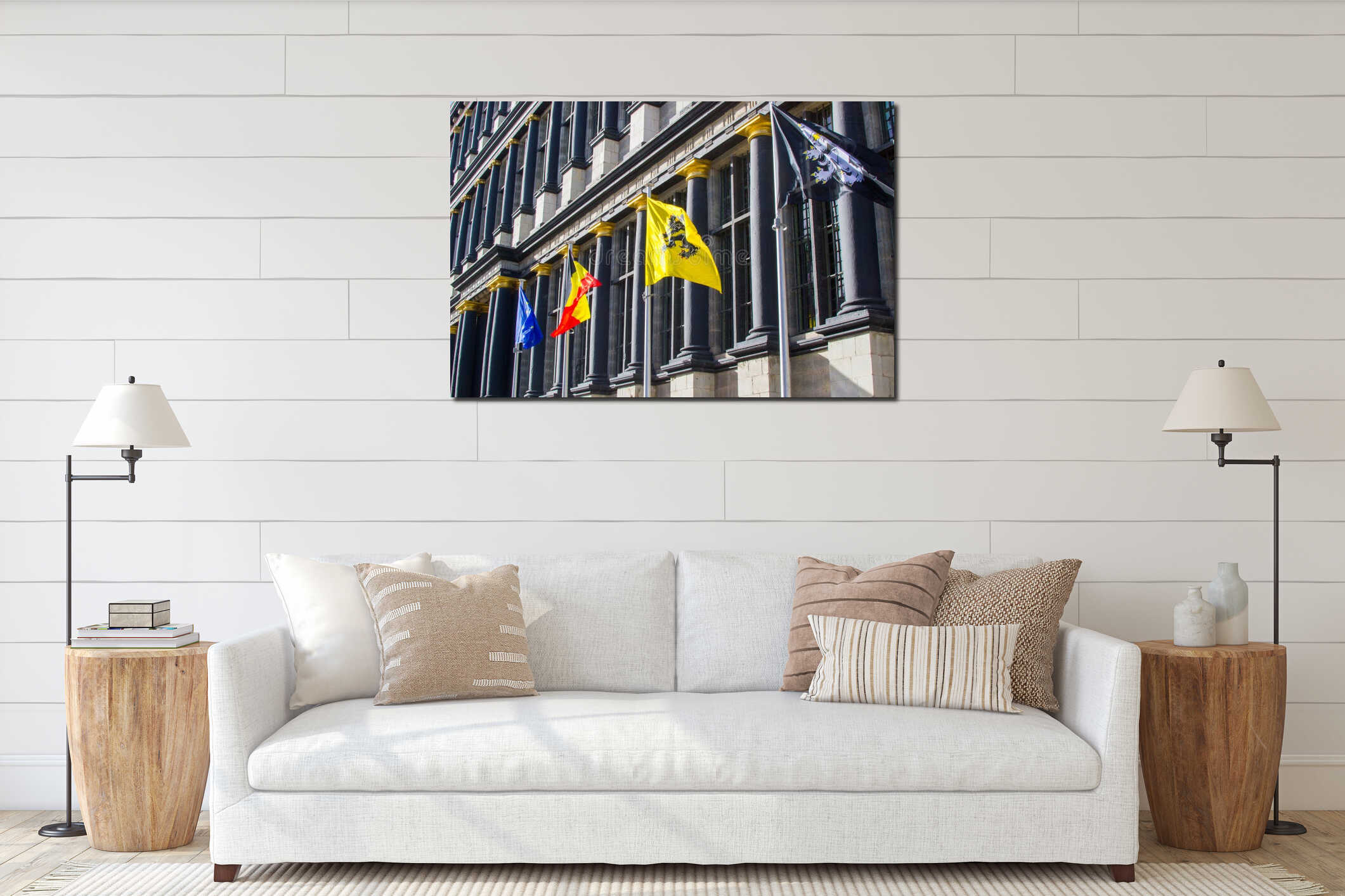 Flags of the city, Flanders, Begium and Europe in the Town Hall Stadhuis in Ghent, Belgium, Europe interior mockup