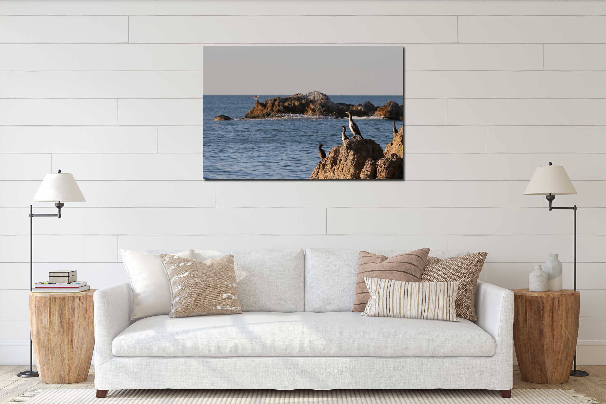 Cormorants sitting on the rocks on blurred background of rocks on horizon. Seabirds in nature. Sunny sunrise light, calm blue sea. interior mockup