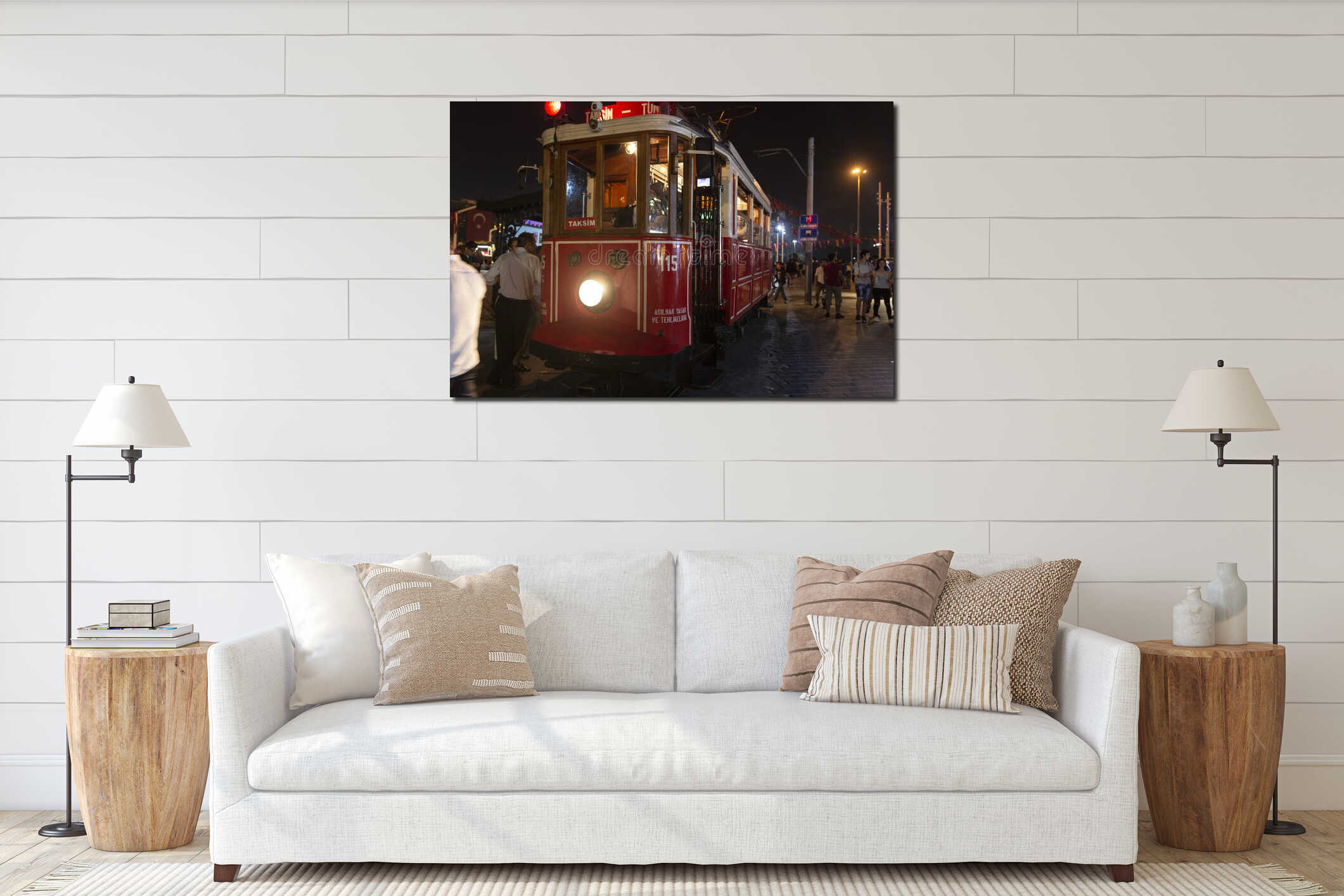 View of historical red tram and people walking in Istiklal street in Beyoglu in the eve interior mockup