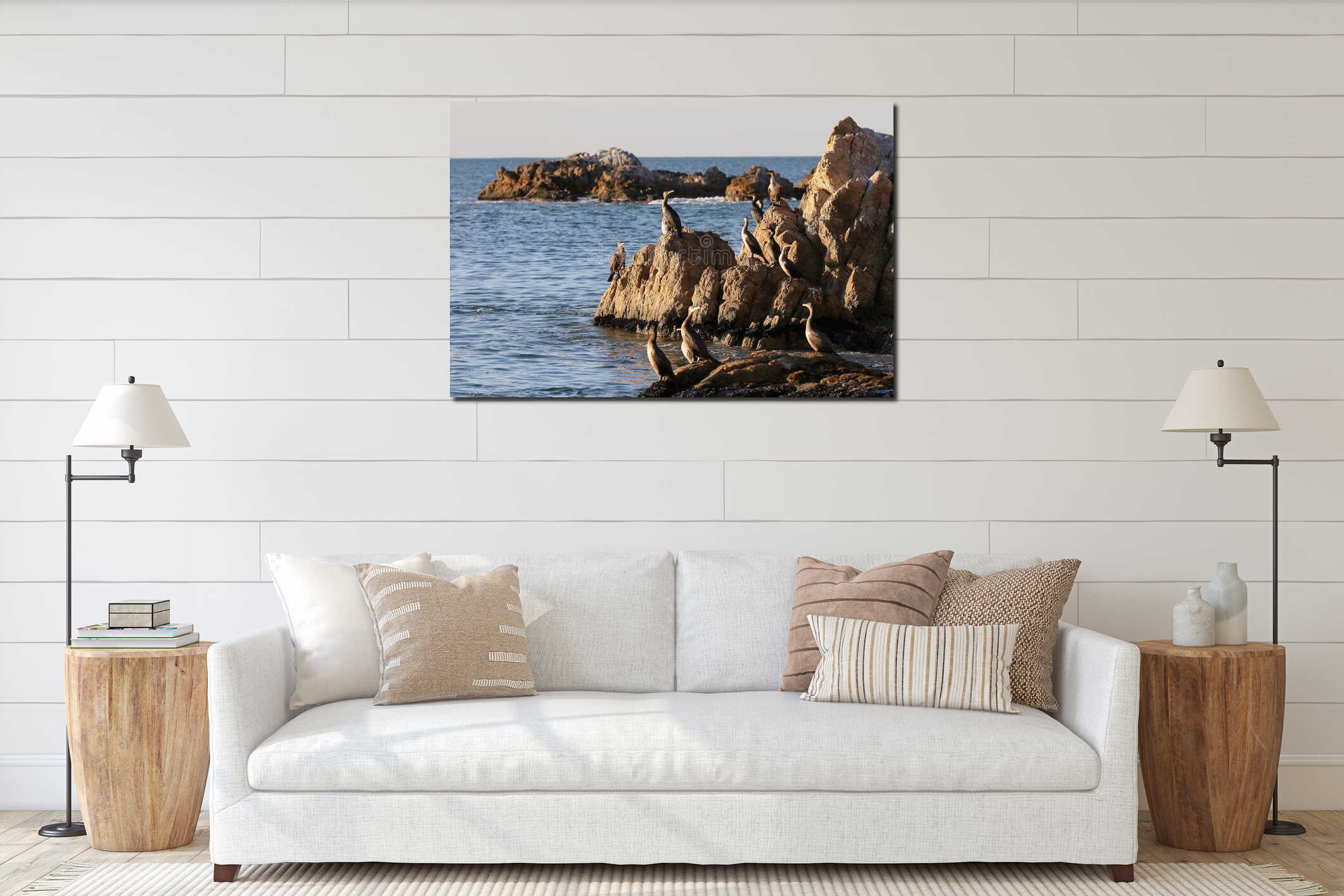 Cormorants sitting on the rocks on blurred background of rocky island on horizon. Seabirds in nature. Sunny sunrise light, calm bl interior mockup