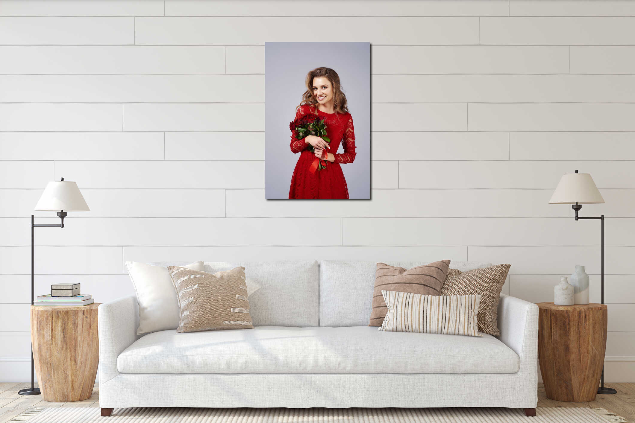 Portrait of beautiful woman holding a bunch of red roses interior mockup