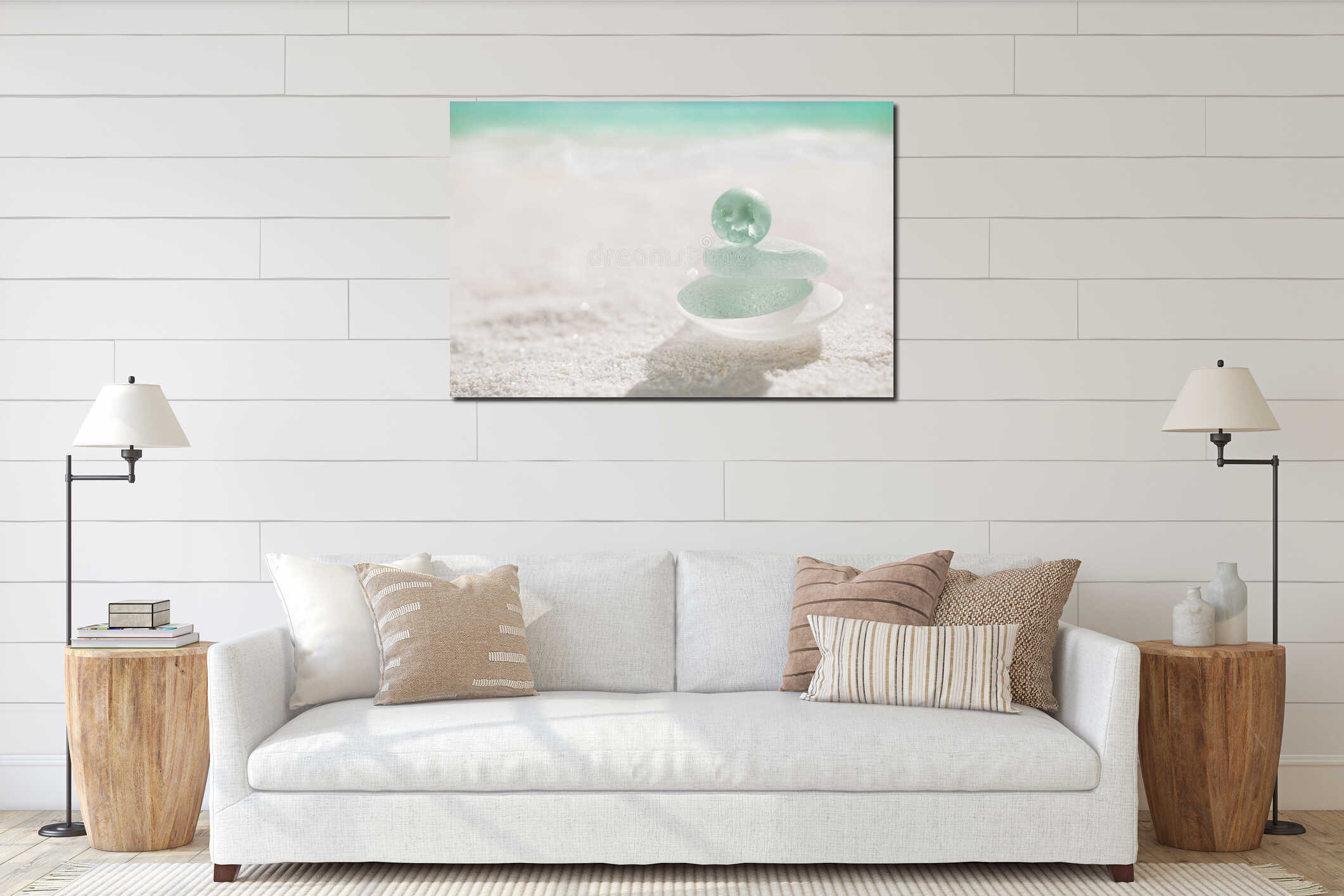 Blue sea glass with white sand beach interior mockup