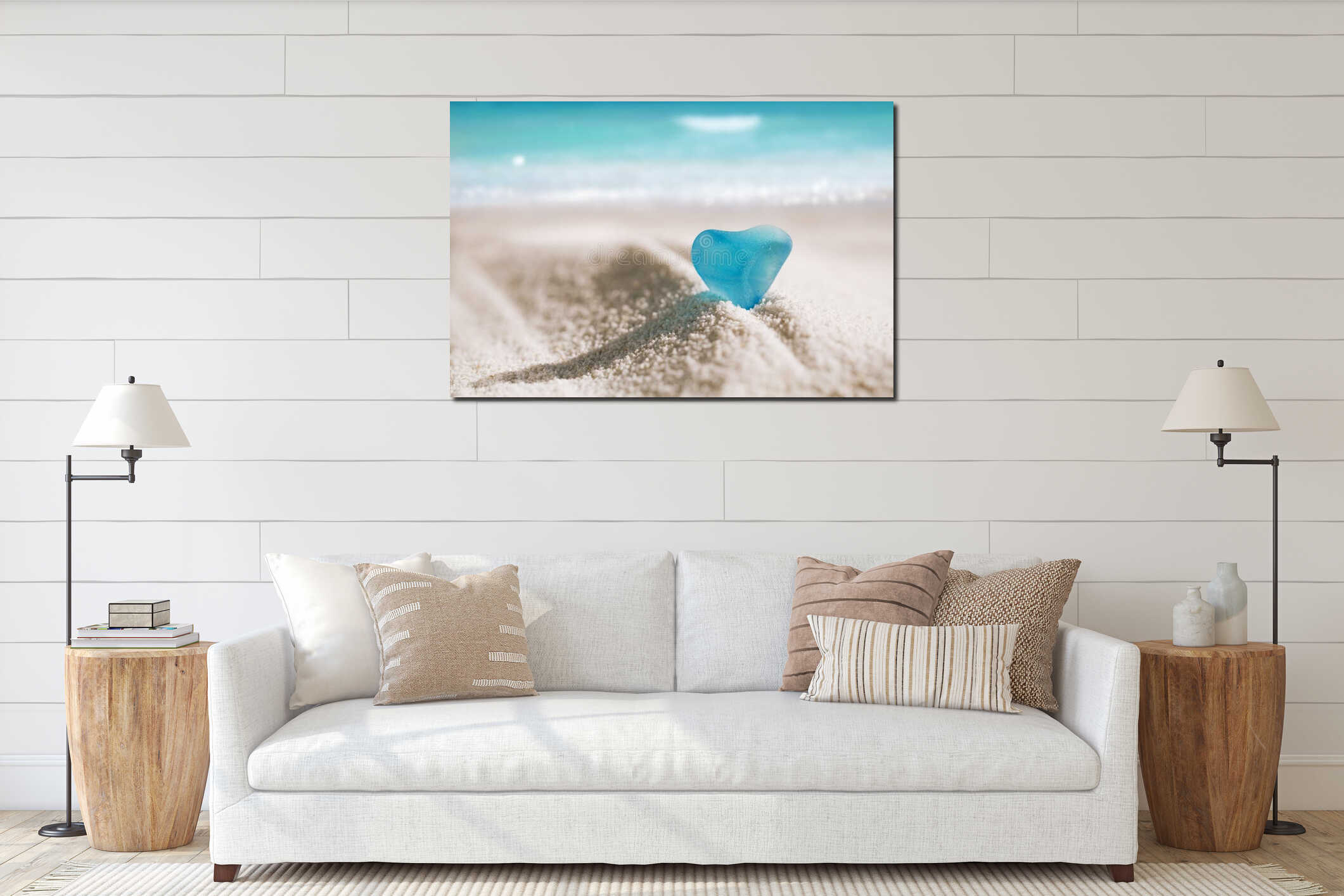 Sea glass blue heart on white sand beach interior mockup